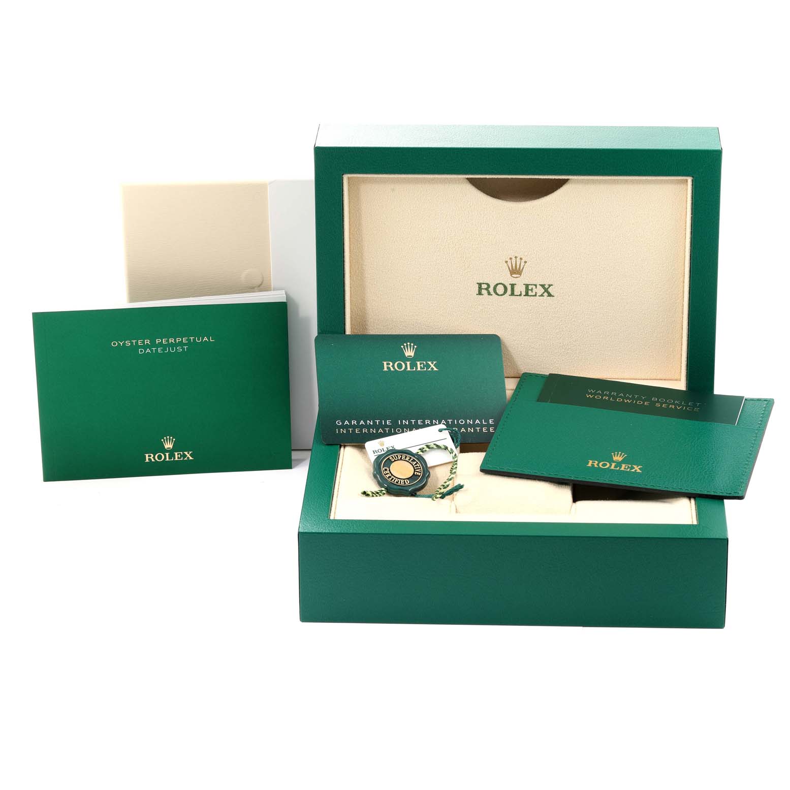 The image shows the packaging, warranty cards, and tags for the Rolex Datejust 41 126334 Men
s Stainless Steel Grey Dial 126334 Men
s Stainless Steel Grey Dial model from a frontal angle.