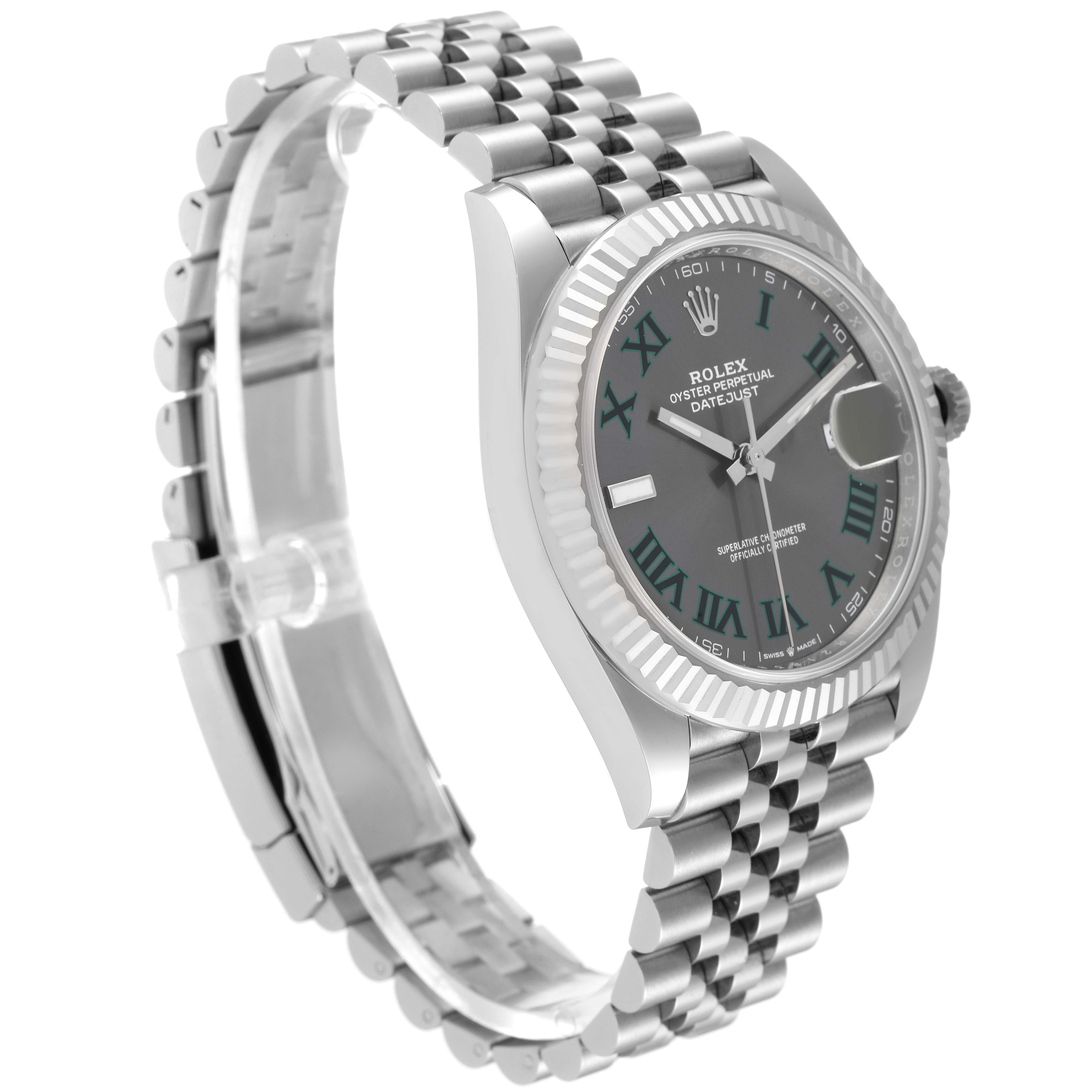 The Rolex Datejust 41 126334 Men
s Stainless Steel Grey Dial 126334 Men
s Stainless Steel Grey Dial watch is shown at a three-quarter angle, highlighting its bracelet, case, and dial.