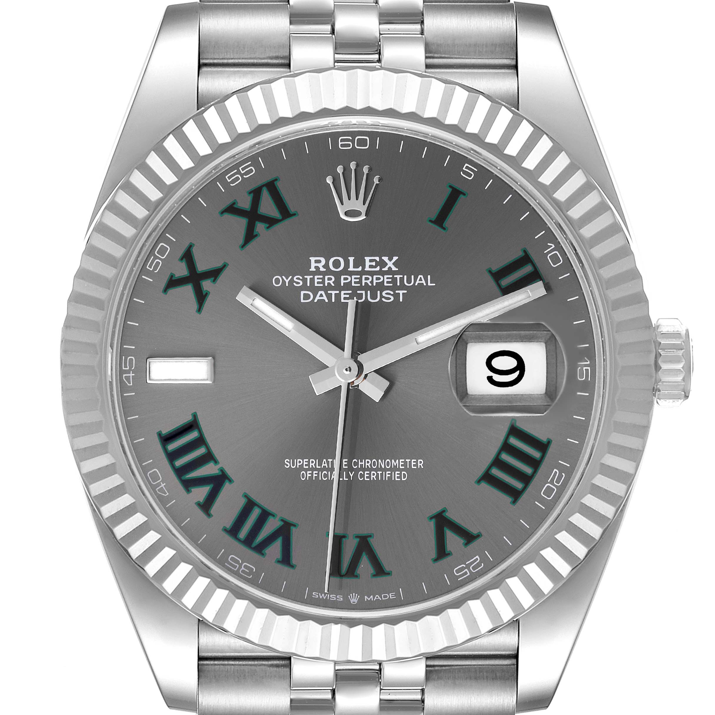 The image shows a close-up front view of a Rolex Datejust 41 126334 Men
s Stainless Steel Grey Dial 126334 Men
s Stainless Steel Grey Dial watch, displaying its face, hands, and date window.