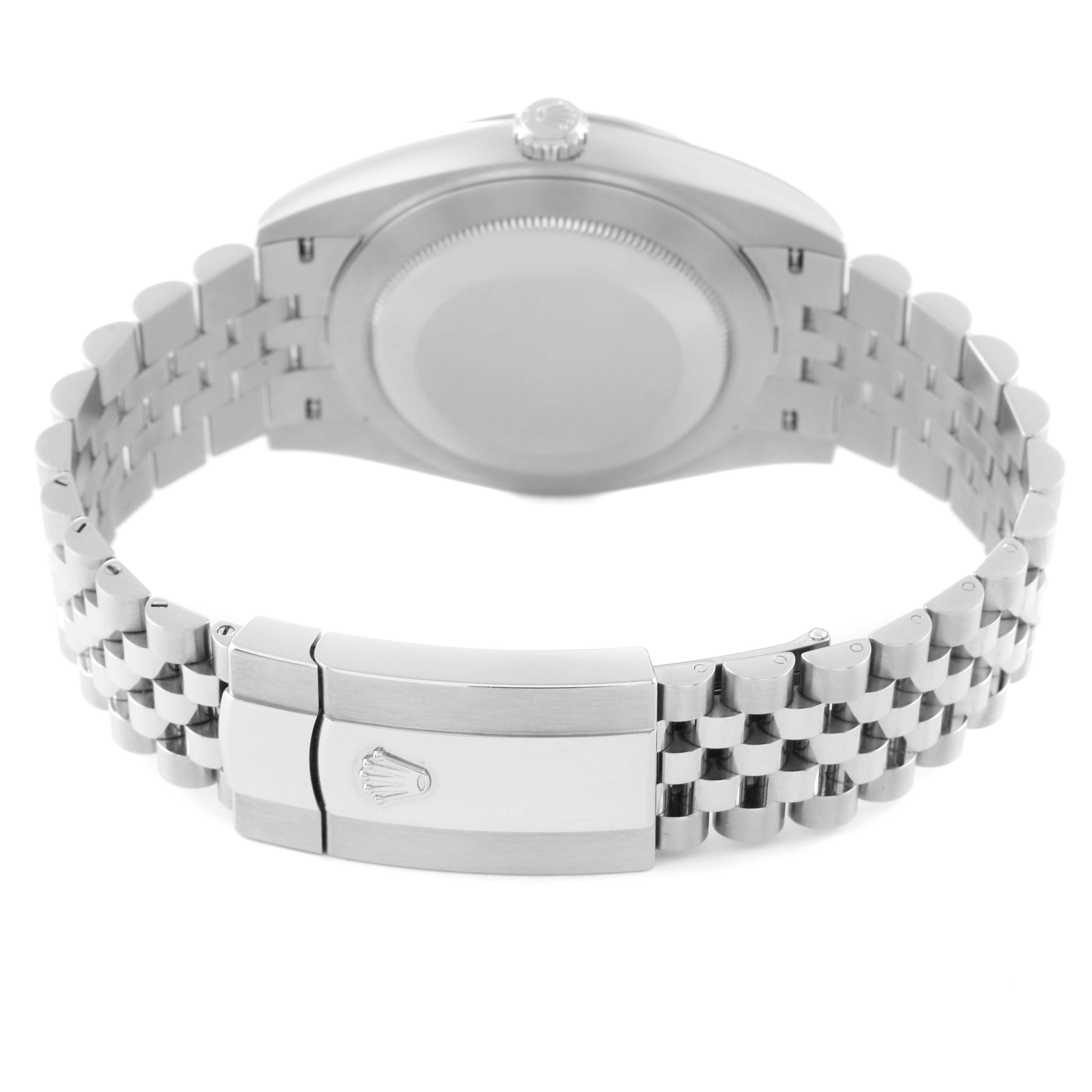 This image of the Rolex Datejust 41 126334 Men
s Stainless Steel Grey Dial 126334 Men
s Stainless Steel Grey Dial watch shows its back case and the Jubilee bracelet with the clasp.