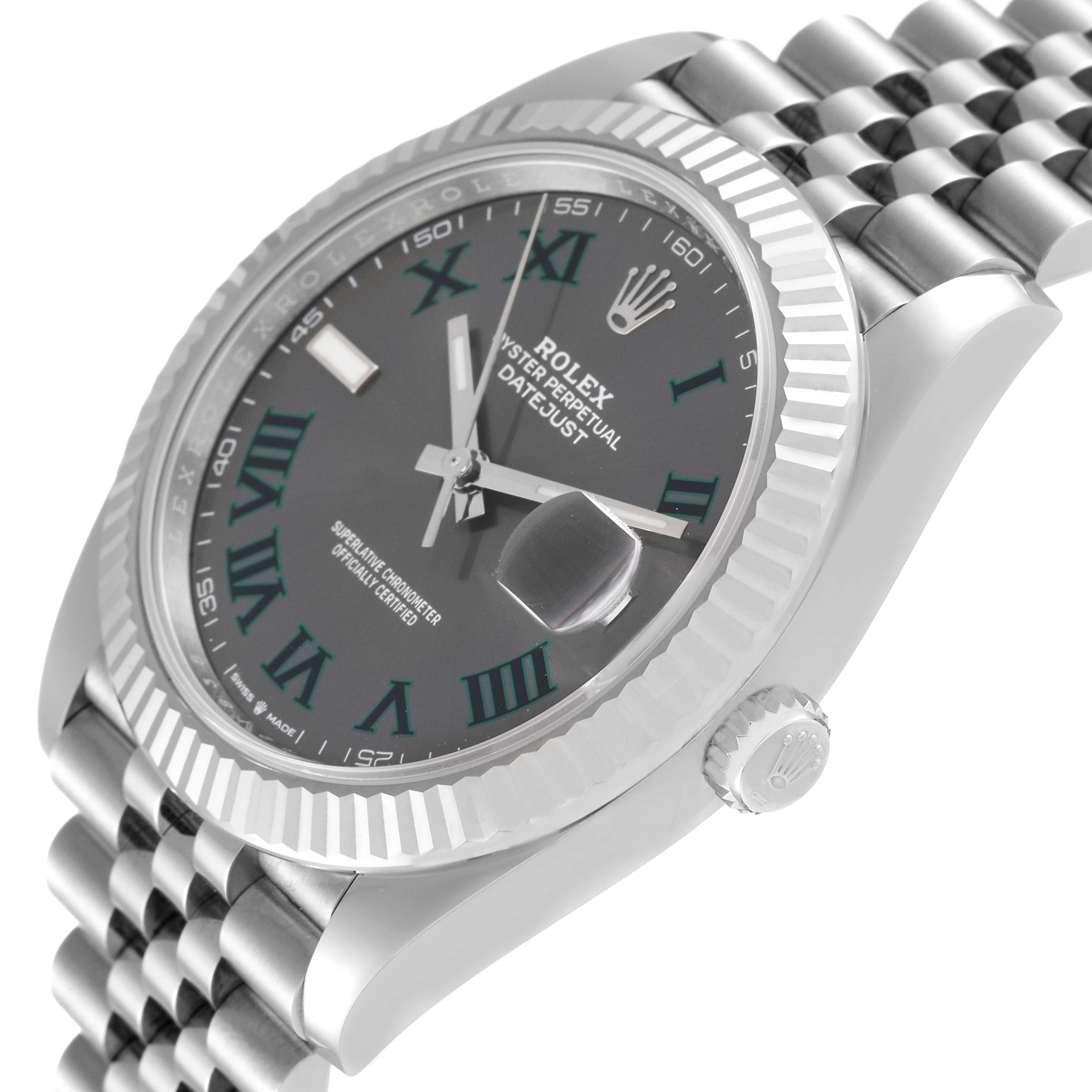 This image shows a side angle of the Rolex Datejust 41 126334 Men
s Stainless Steel Grey Dial 126334 Men
s Stainless Steel Grey Dial watch, highlighting its dial, bezel, and part of the bracelet.