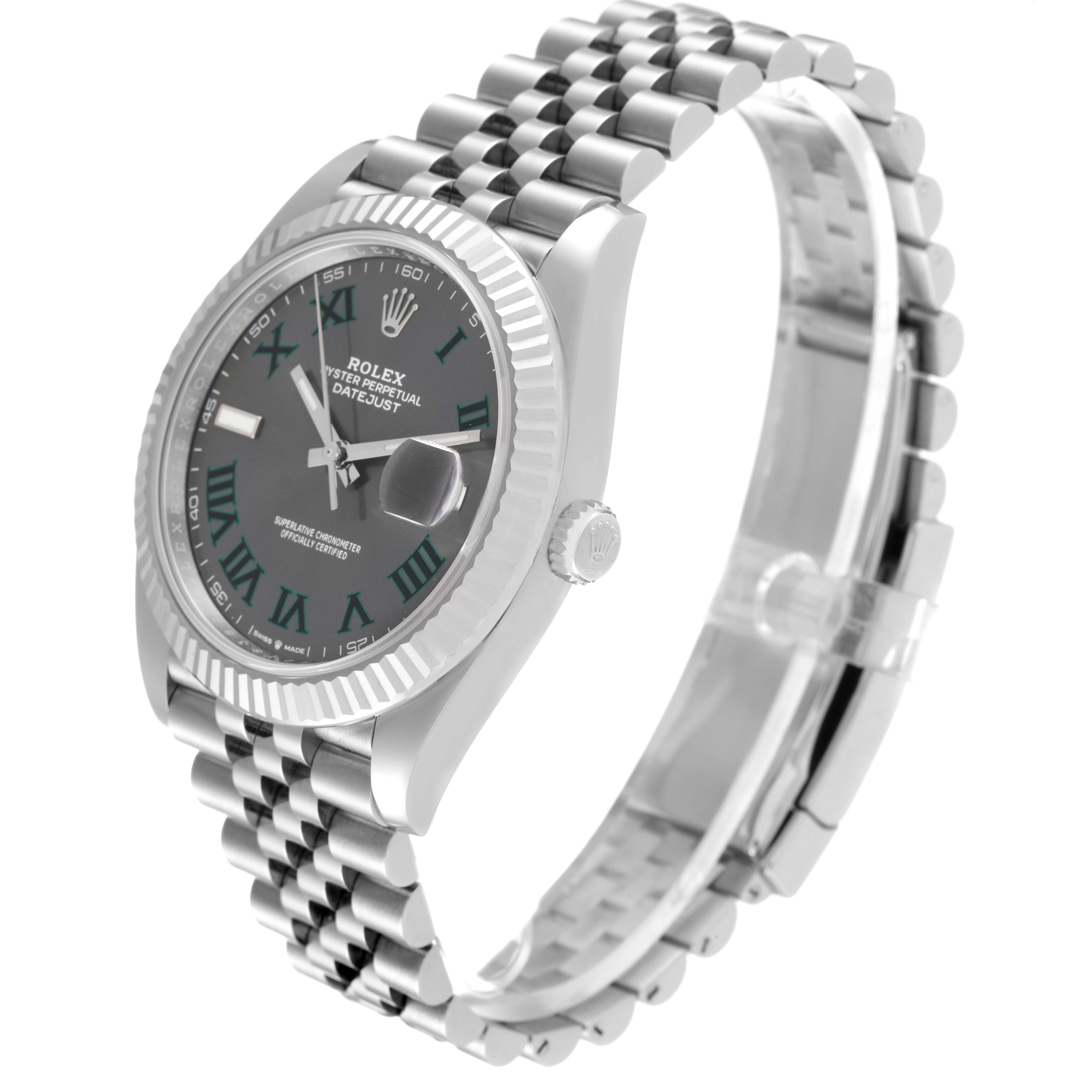 The image shows a Rolex Datejust 41 126334 Men
s Stainless Steel Grey Dial 126334 Men
s Stainless Steel Grey Dial watch at an angled side view, highlighting the dial, bezel, and Jubilee bracelet.