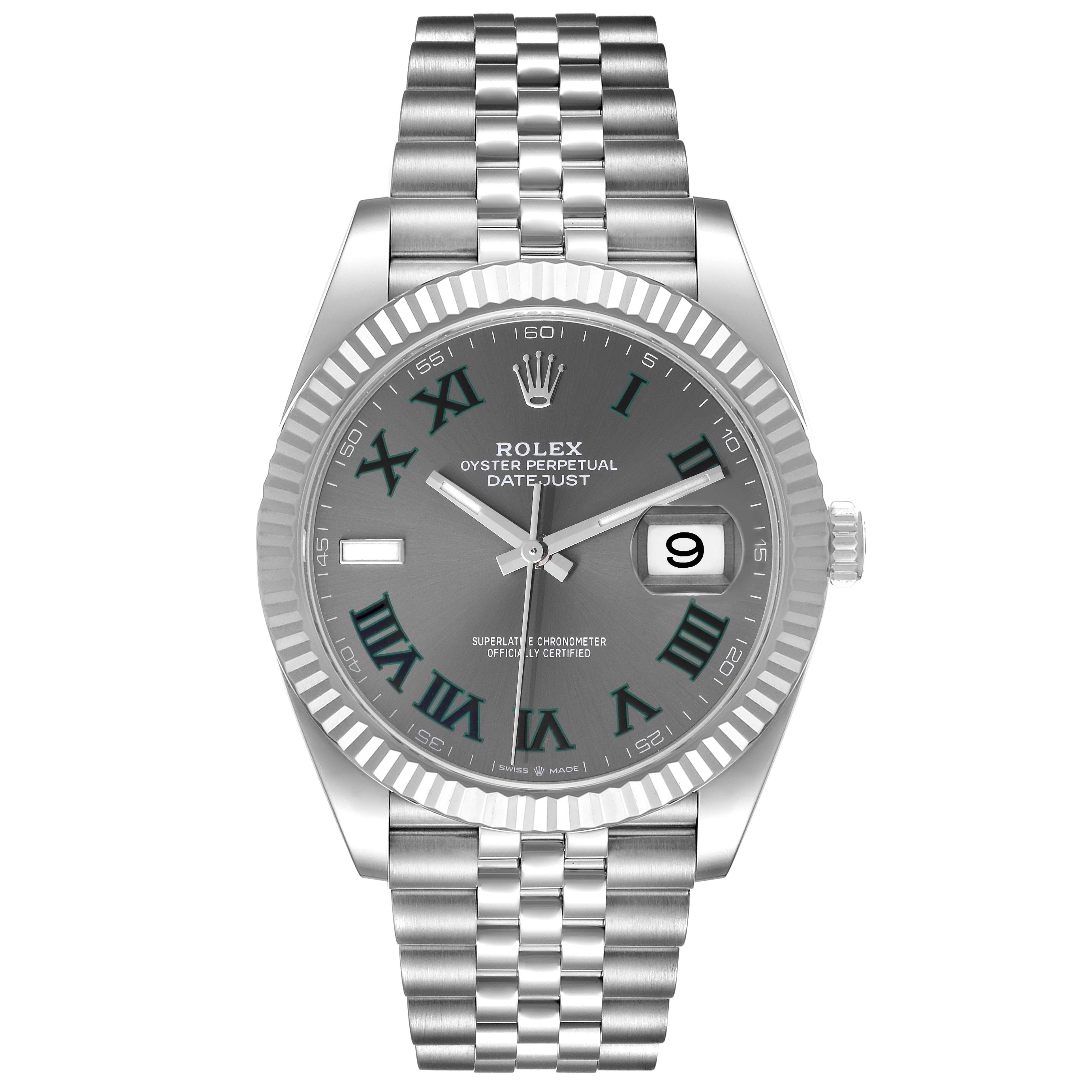 The image shows a front view of the Rolex Datejust 41 126334 Men
s Stainless Steel Grey Dial 126334 Men
s Stainless Steel Grey Dial watch, highlighting its dial, bezel, and bracelet.