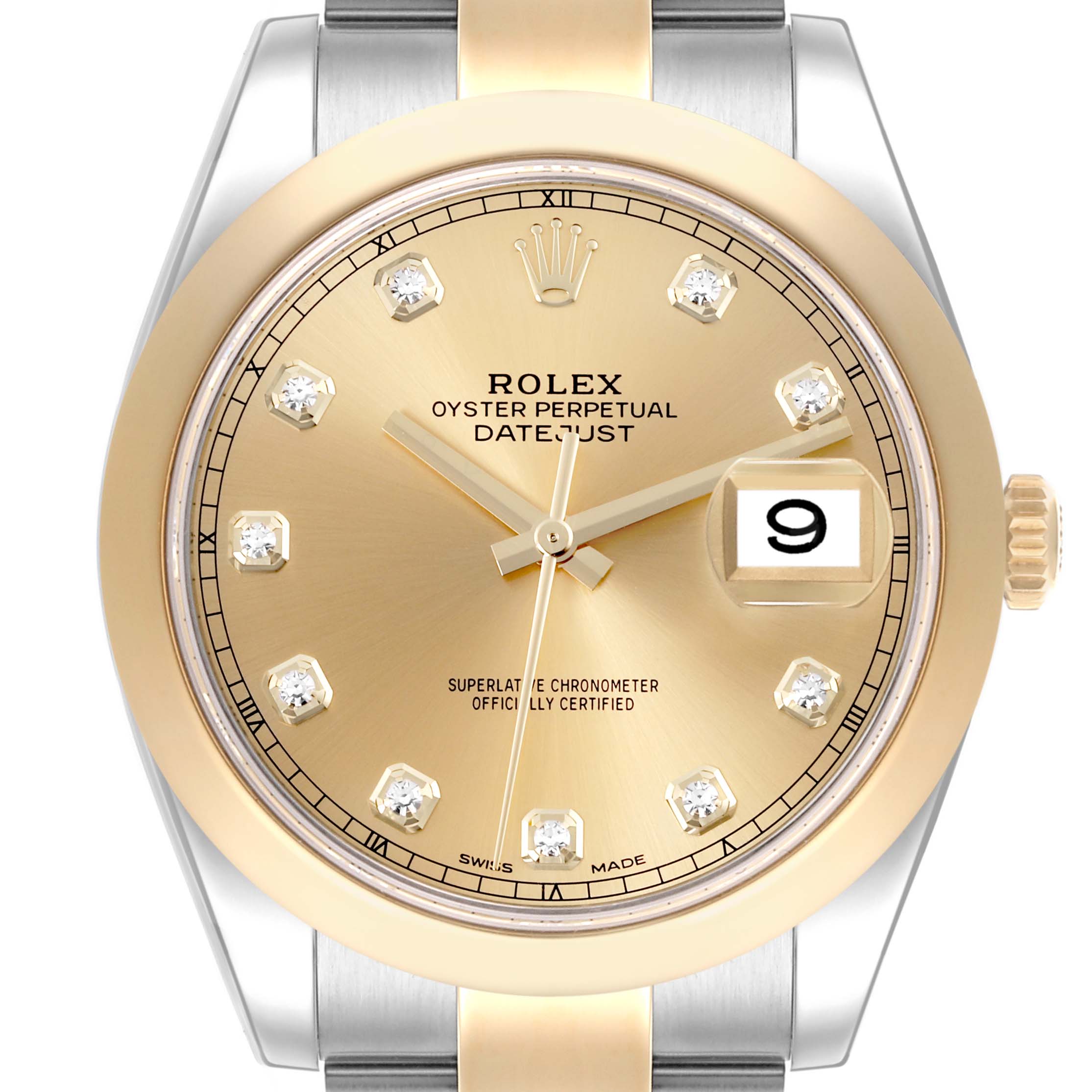 The Rolex Datejust 41 126303 Men's Steel and Gold (two tone) Champagne Dial 126303 Men's Steel and Gold (two tone) Champagne Dial is shown in a close-up, highlighting the dial, bezel, and crown, featuring diamond hour markers.