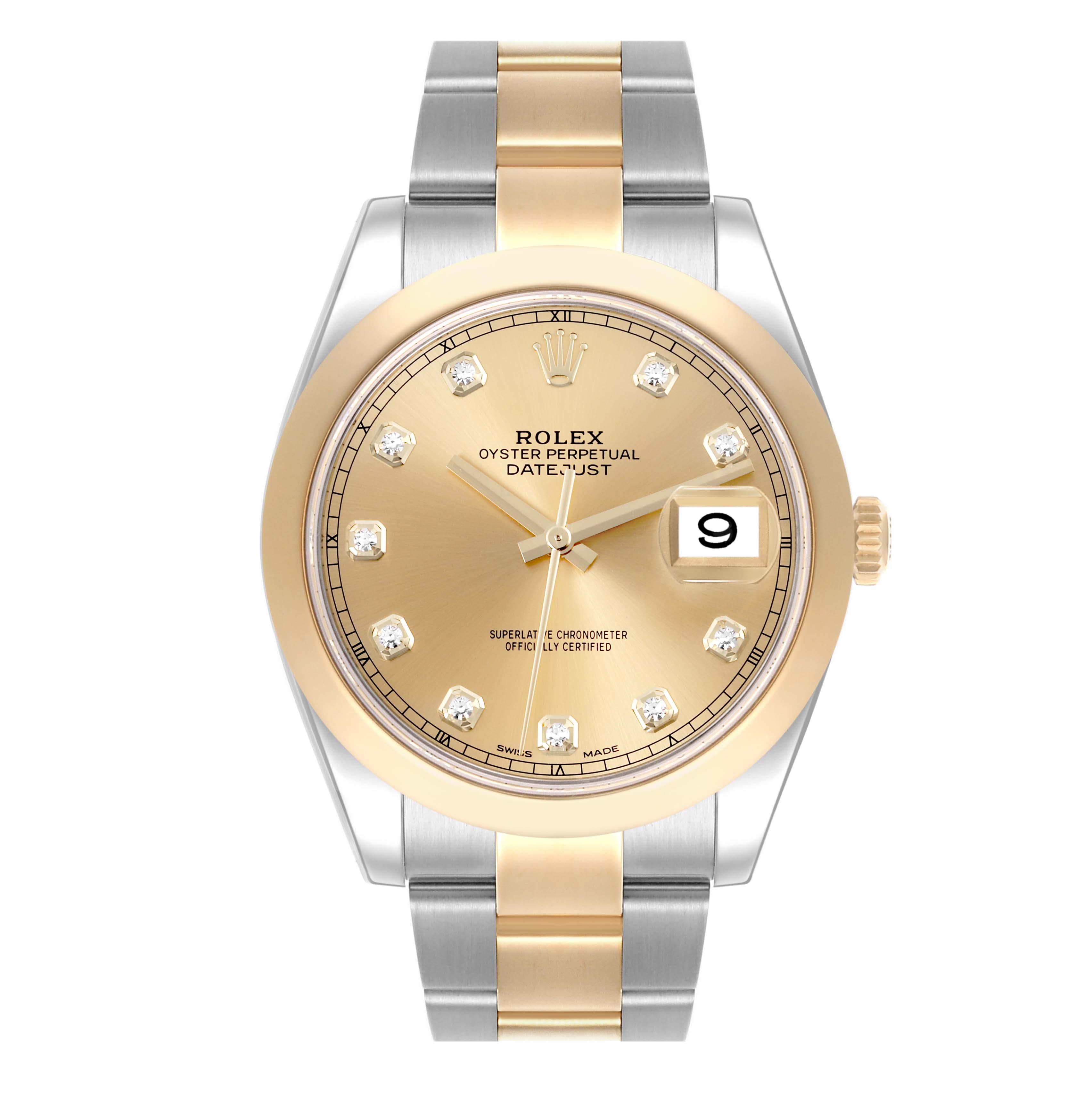 The Rolex Datejust 41 126303 Men's Steel and Gold (two tone) Champagne Dial 126303 Men's Steel and Gold (two tone) Champagne Dial is shown from a front angle, highlighting the dial, bezel, hands, date window, and two-tone bracelet.