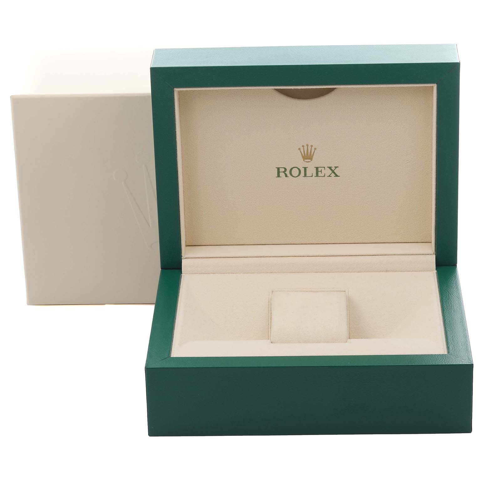 This image shows an open Rolex Datejust 41 126303 Men's Steel and Gold (two tone) Champagne Dial 126303 Men's Steel and Gold (two tone) Champagne Dial watch box, featuring a green exterior and beige interior with branding.