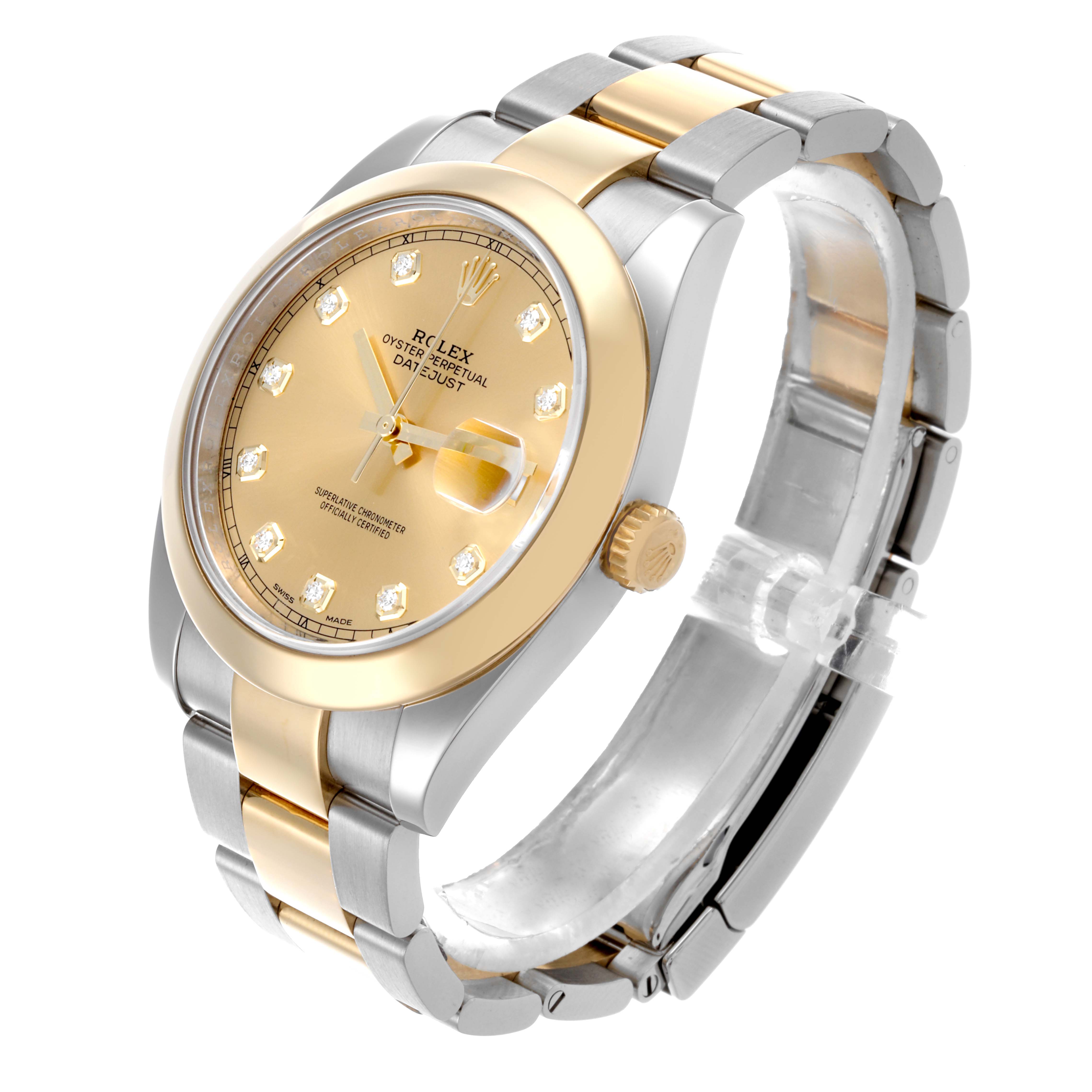 The Rolex Datejust 41 126303 Men's Steel and Gold (two tone) Champagne Dial 126303 Men's Steel and Gold (two tone) Champagne Dial watch is viewed at a slight angle from above, showing the face, gold bezel, and two-tone bracelet.