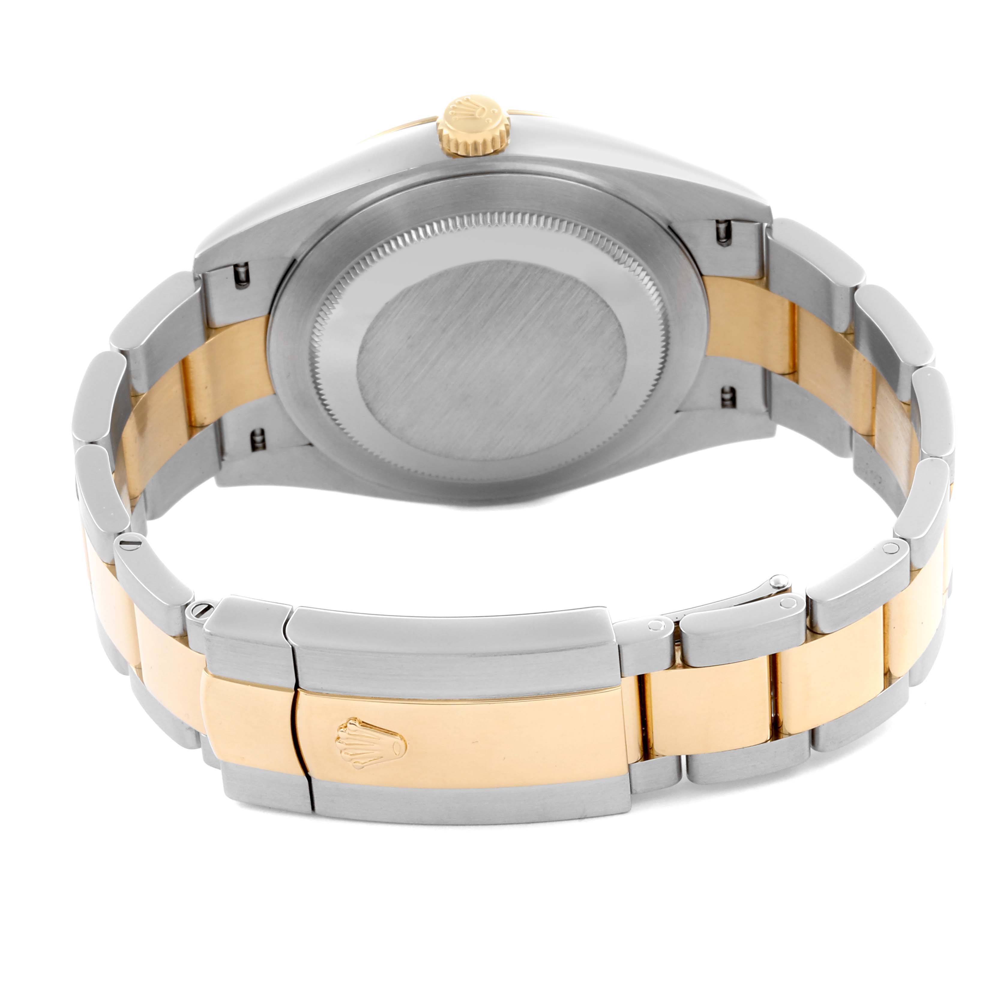 The Rolex Datejust 41 126303 Men's Steel and Gold (two tone) Champagne Dial 126303 Men's Steel and Gold (two tone) Champagne Dial is shown from the back, highlighting the case back, clasp, and two-tone bracelet.