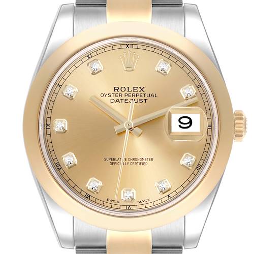 The Rolex Datejust 41 is shown from a front angle, displaying the gold dial, diamond markers, and the date with a magnified window.