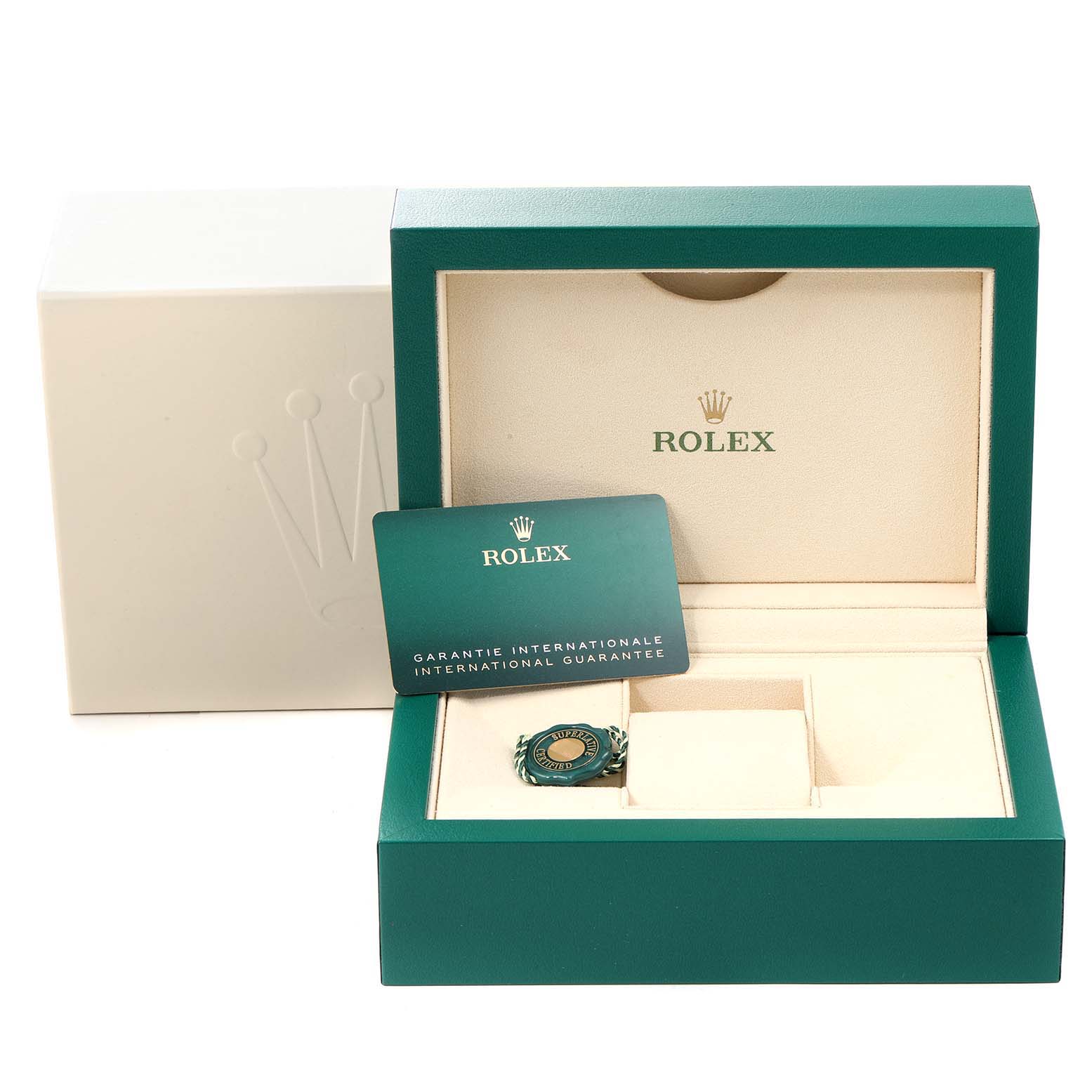 The image shows the open box, warranty card, and green seal for a Rolex Datejust 41 126333 Men's Steel and Gold (two tone) Grey Dial 126333 Men's Steel and Gold (two tone) Grey Dial watch taken from a front angle.