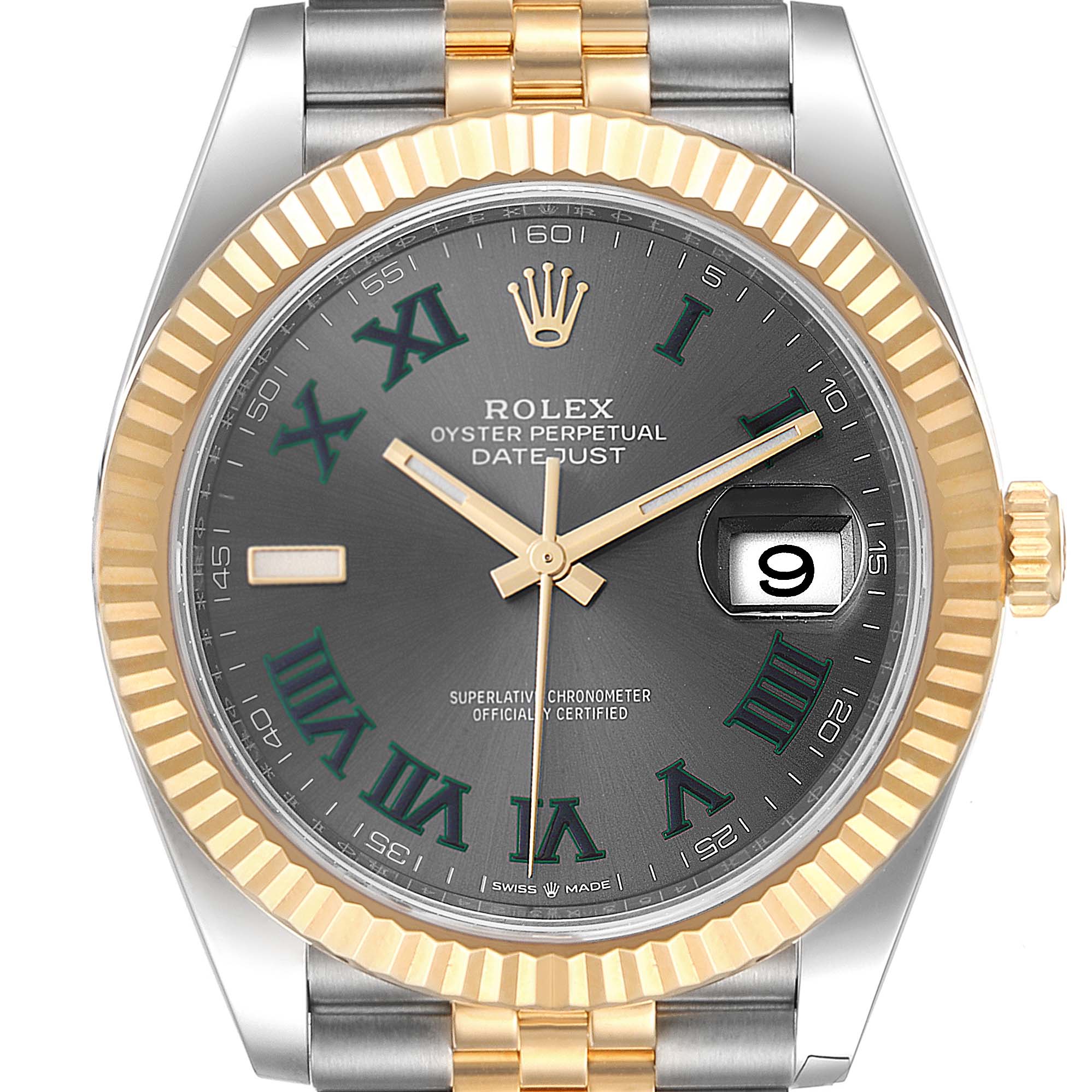 This image shows a front view of the Rolex Datejust 41 126333 Men's Steel and Gold (two tone) Grey Dial 126333 Men's Steel and Gold (two tone) Grey Dial watch, highlighting the face, bezel, and part of the bracelet.