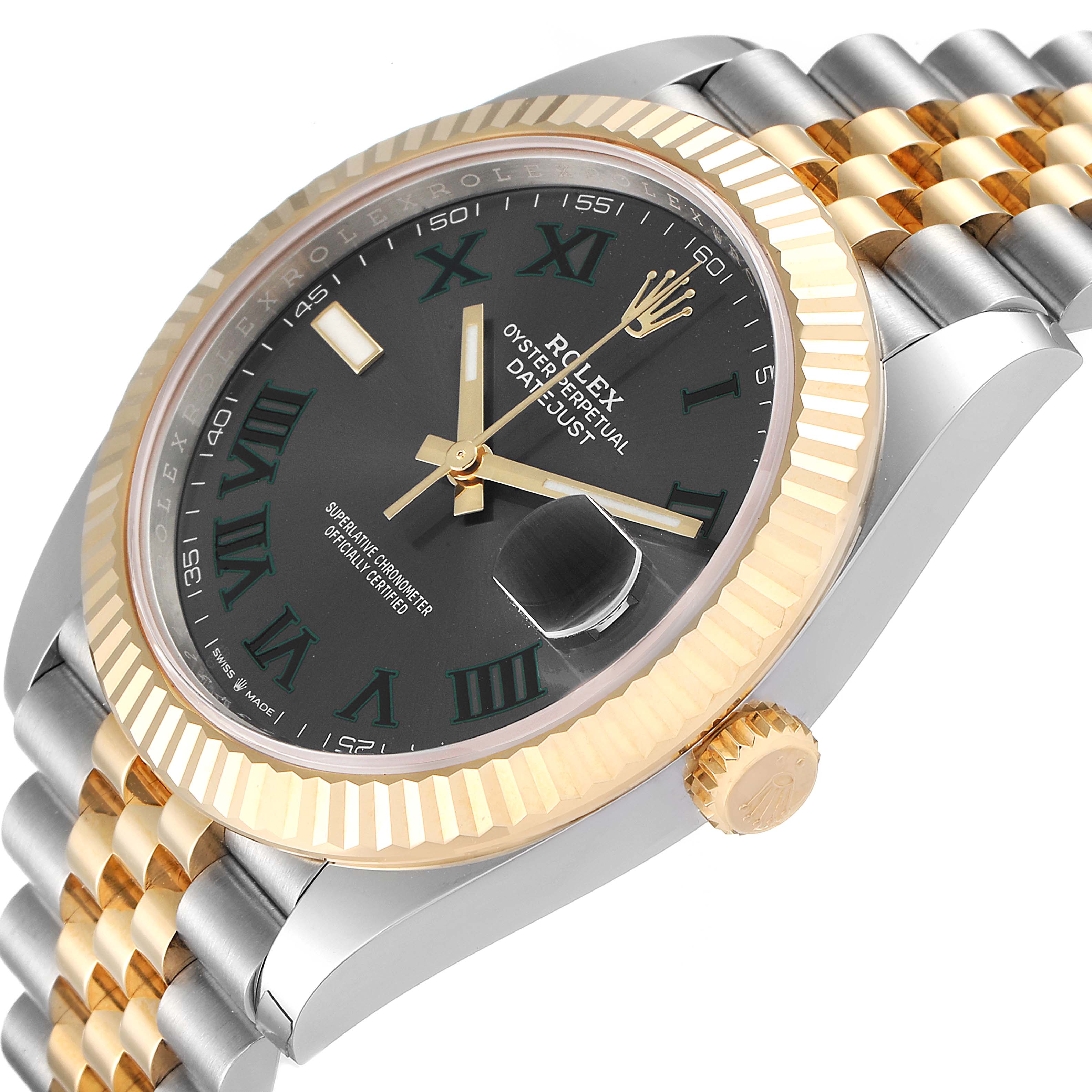 This image shows a close-up of the face, bezel, and part of the bracelet of the Rolex Datejust 41 126333 Men's Steel and Gold (two tone) Grey Dial 126333 Men's Steel and Gold (two tone) Grey Dial watch.