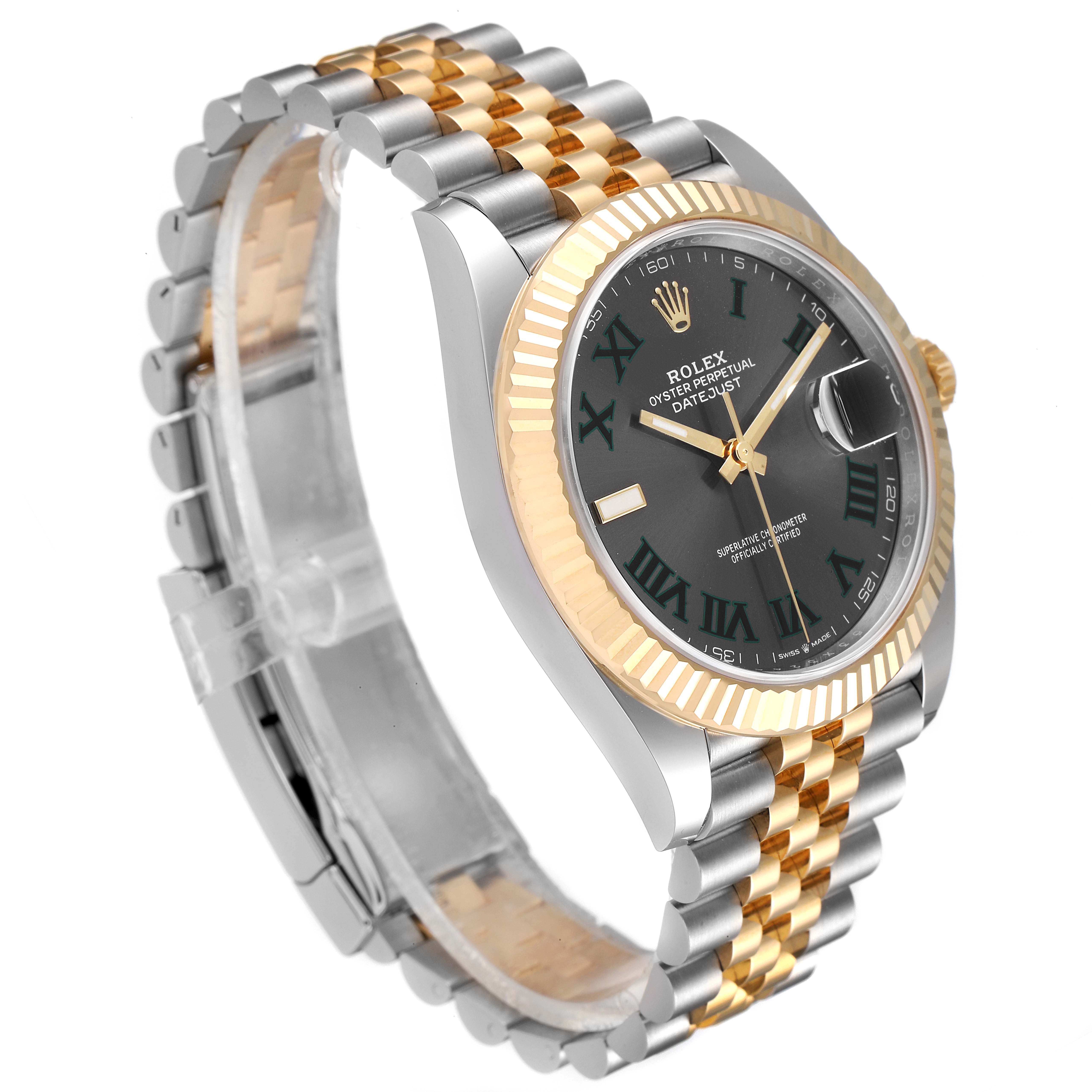 This Rolex Datejust 41 126333 Men's Steel and Gold (two tone) Grey Dial 126333 Men's Steel and Gold (two tone) Grey Dial watch is shown at an angled view, highlighting its two-tone metal band, fluted bezel, and dark dial.
