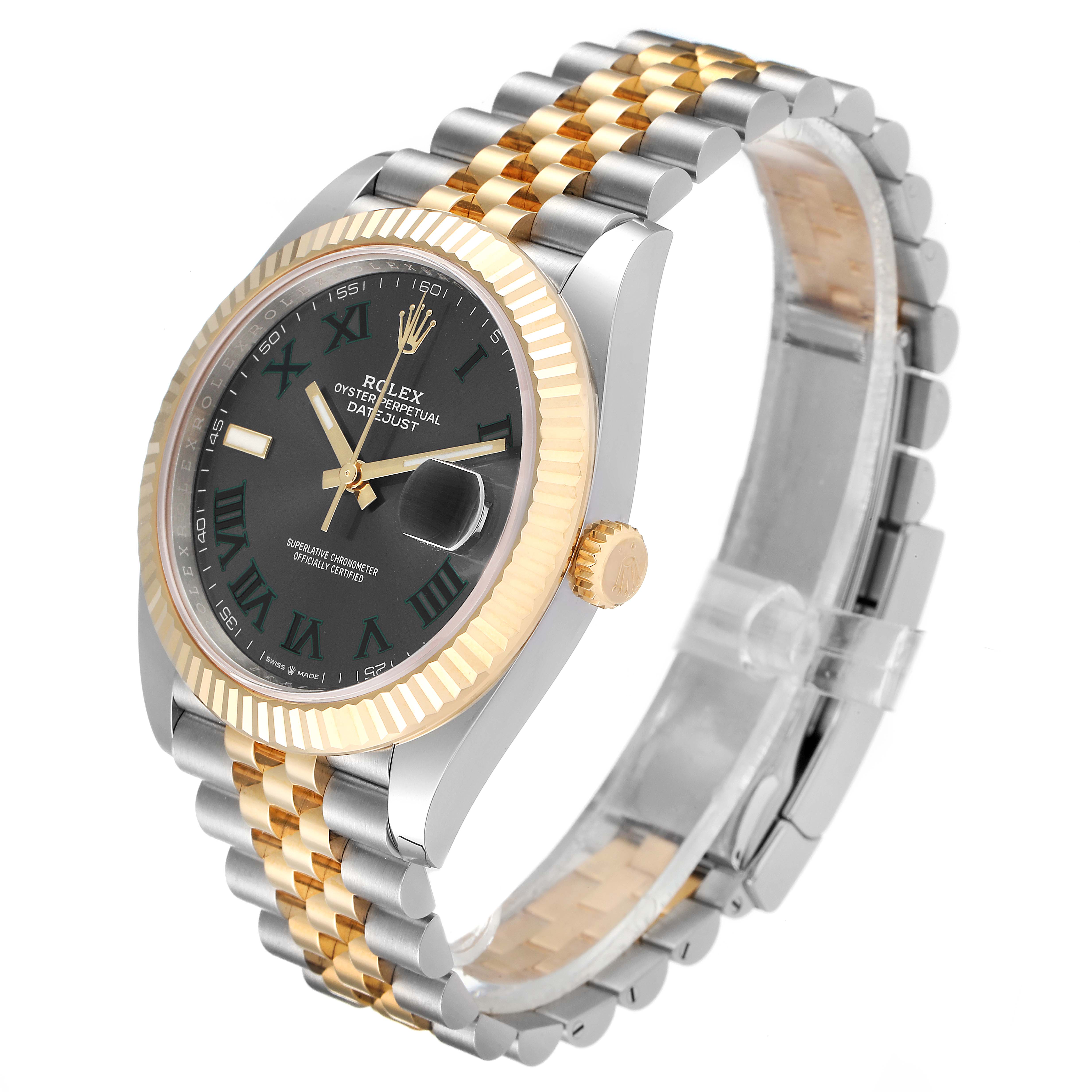 This image shows a Rolex Datejust 41 126333 Men's Steel and Gold (two tone) Grey Dial 126333 Men's Steel and Gold (two tone) Grey Dial watch angled to display the face, bezel, and two-tone bracelet.