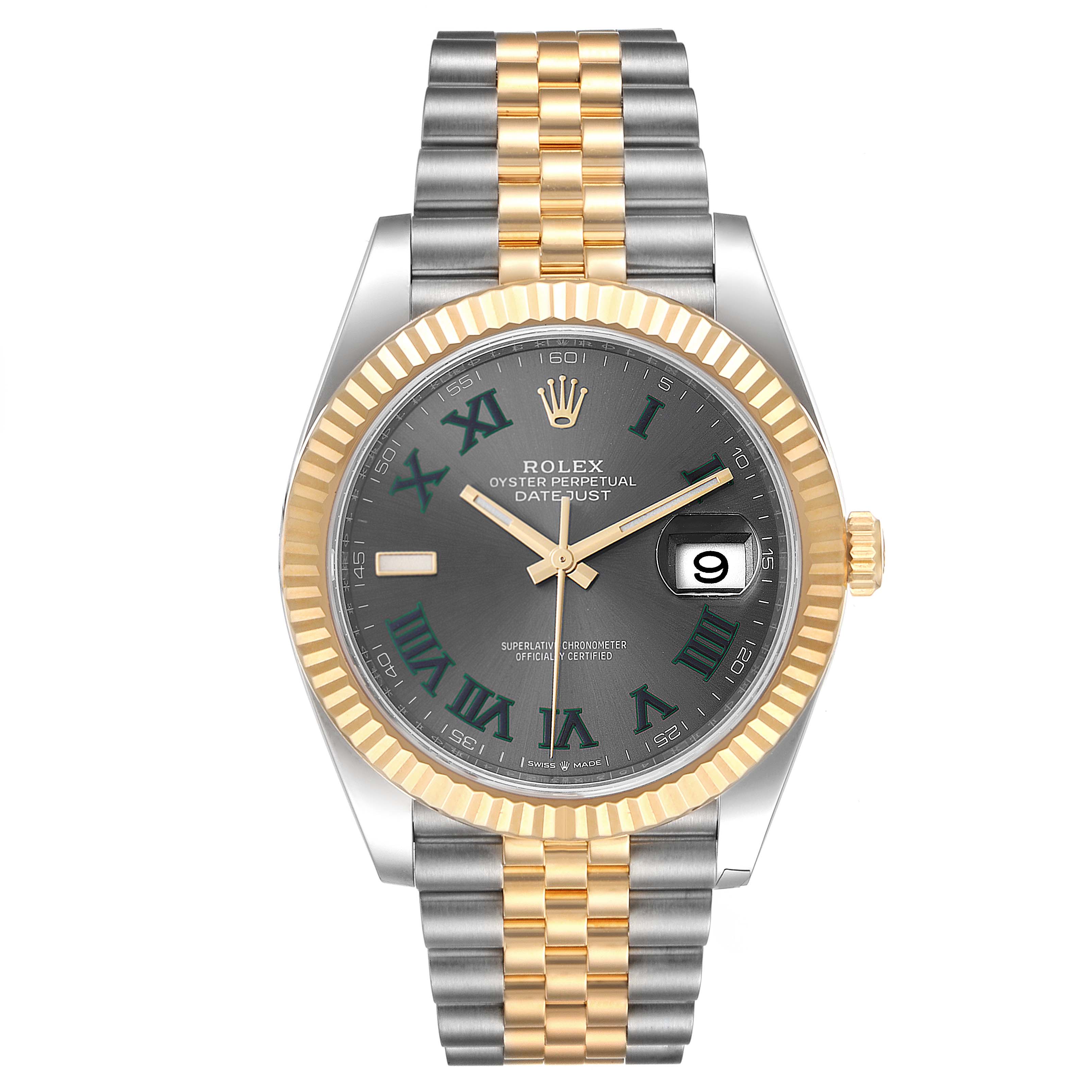 The image shows the Rolex Datejust 41 126333 Men's Steel and Gold (two tone) Grey Dial 126333 Men's Steel and Gold (two tone) Grey Dial model watch from a front angle, highlighting its face, bezel, and bracelet.