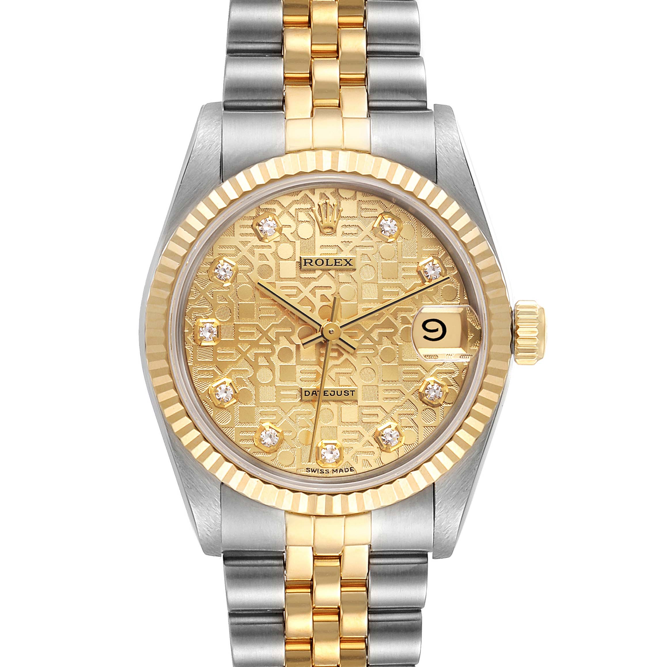 The image shows a front view of a Rolex Mid-Size 68273 Women's Steel and Gold (two tone) Champagne Dial 68273 Women's Steel and Gold (two tone) Champagne Dial model watch, featuring a gold patterned dial, date display, and two-tone metal bracelet.