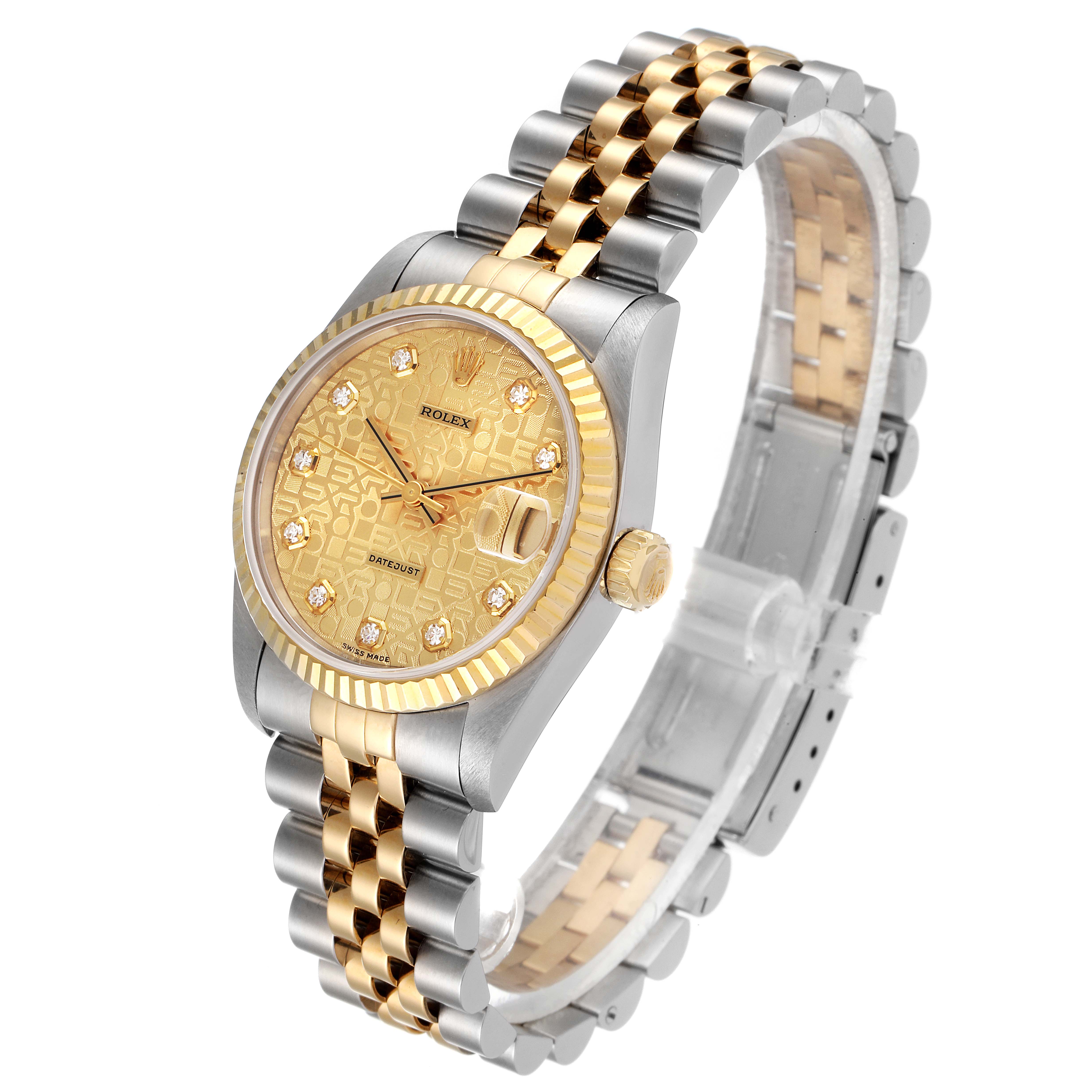 This image shows a Rolex Mid-Size 68273 Women's Steel and Gold (two tone) Champagne Dial 68273 Women's Steel and Gold (two tone) Champagne Dial watch with a gold and silver bracelet, gold dial, and fluted bezel at a three-quarter angle.