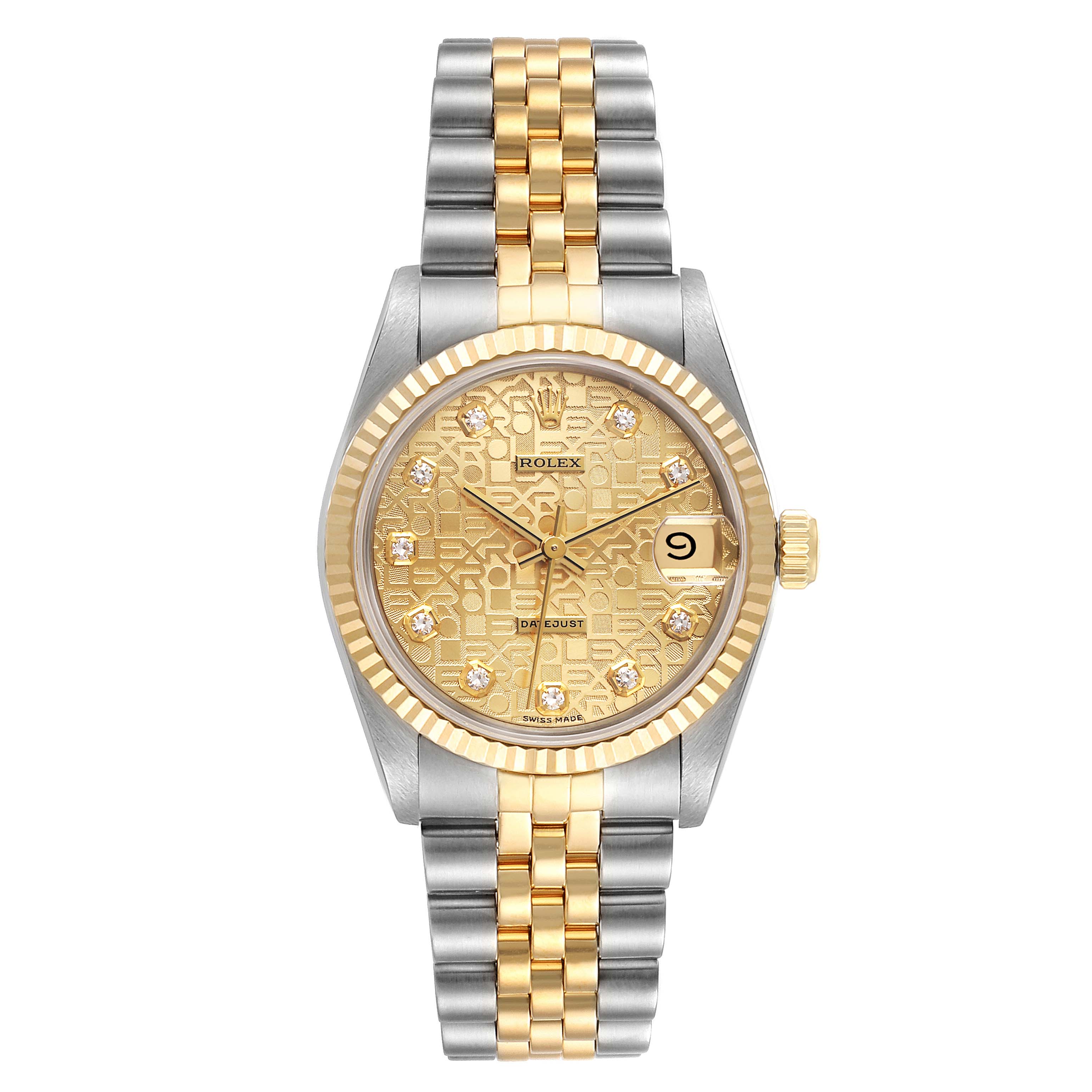The image shows a front view of a Mid-Size Rolex watch, highlighting its two-tone bracelet, gold dial, and fluted bezel.