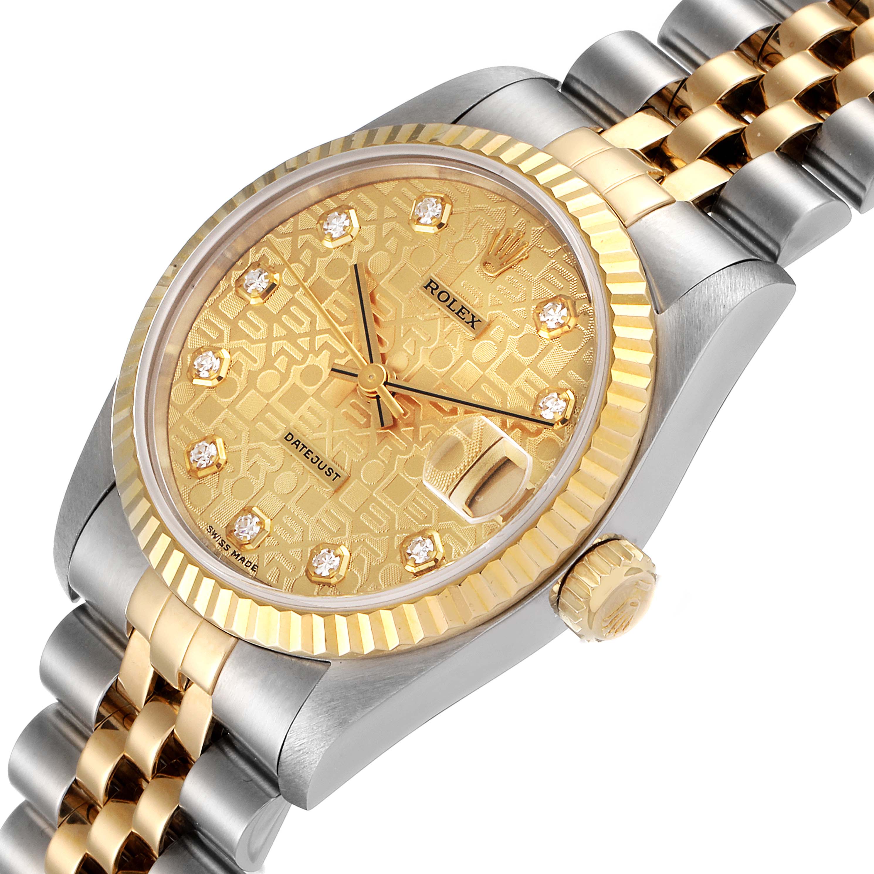 This image shows a close-up, angled view of a Rolex Mid-Size 68273 Women's Steel and Gold (two tone) Champagne Dial 68273 Women's Steel and Gold (two tone) Champagne Dial Datejust watch, displaying the dial, bezel, crown, and part of the bracelet.