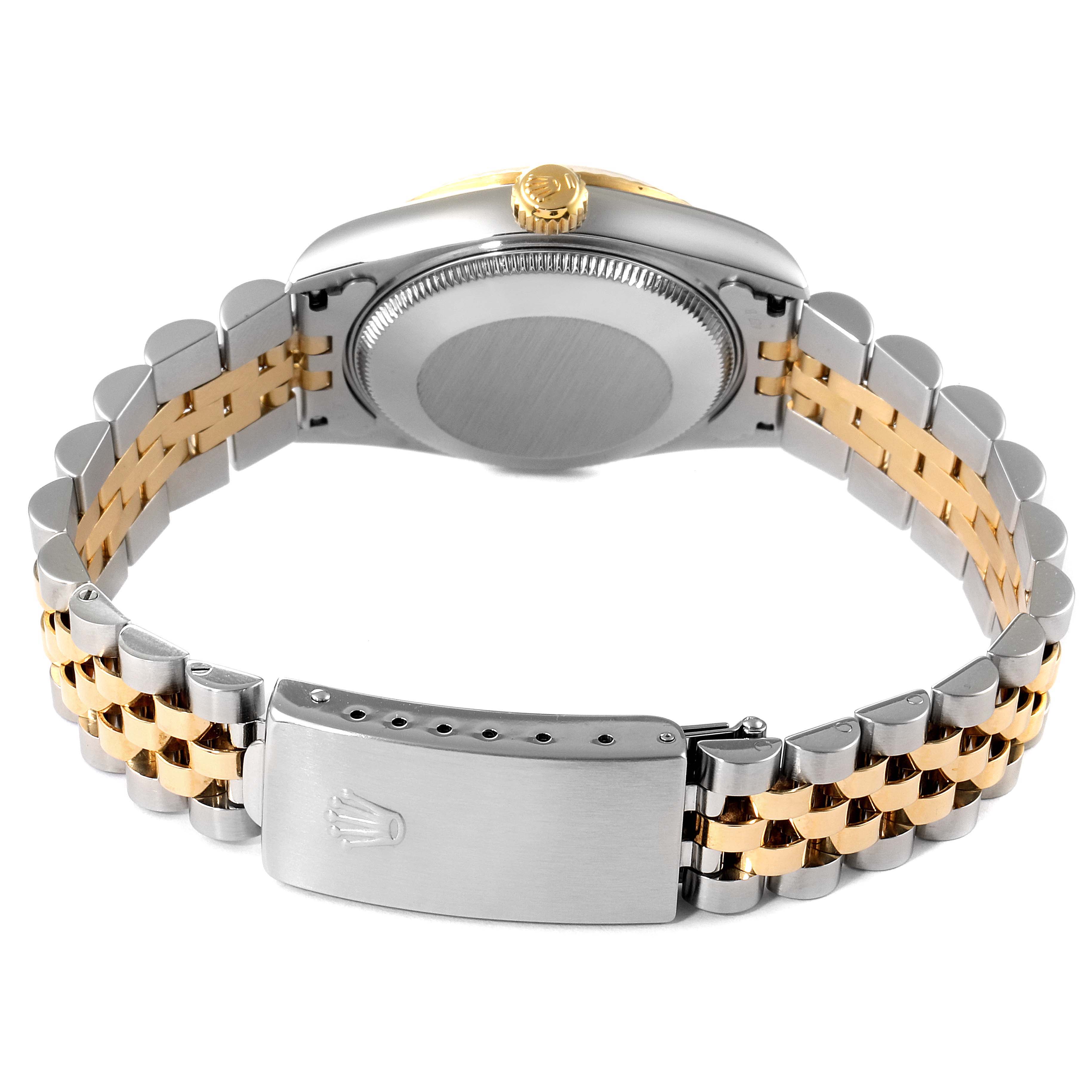 The image shows the back view of a Rolex Mid-Size 68273 Women's Steel and Gold (two tone) Champagne Dial 68273 Women's Steel and Gold (two tone) Champagne Dial watch, highlighting the bracelet and clasp.