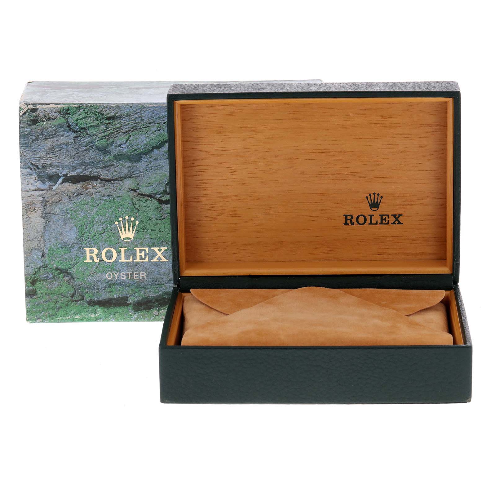 The image shows an open Rolex Oyster watch box with a wooden interior and a velvet cushion, intended for Rolex Mid-Size 68273 Women's Steel and Gold (two tone) Champagne Dial 68273 Women's Steel and Gold (two tone) Champagne Dial models.