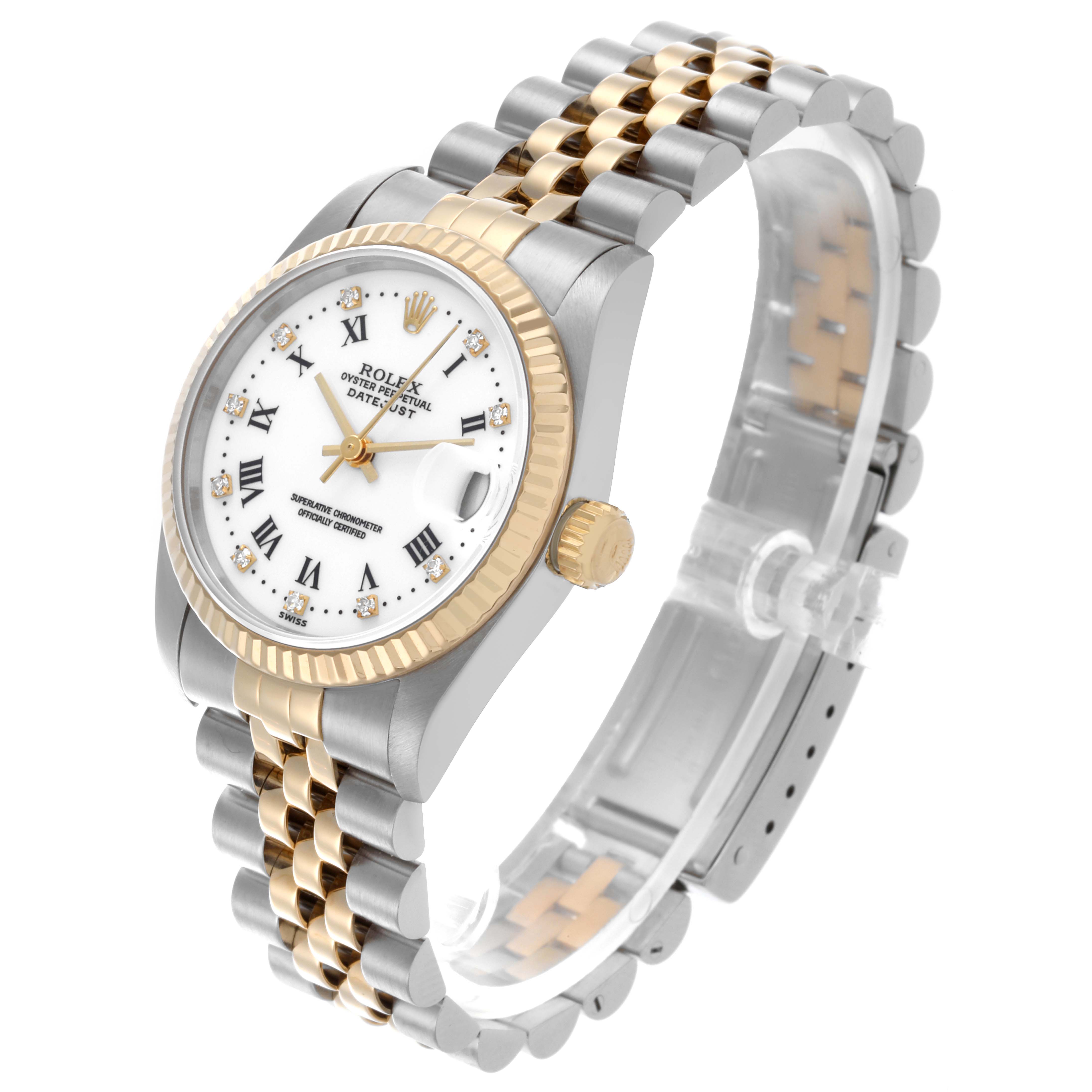 The Rolex Mid-Size 68273 Women's Steel and Gold (two tone) White Dial 68273 Women's Steel and Gold (two tone) White Dial watch is shown at a slight angle, highlighting the face, bezel, and two-tone bracelet.