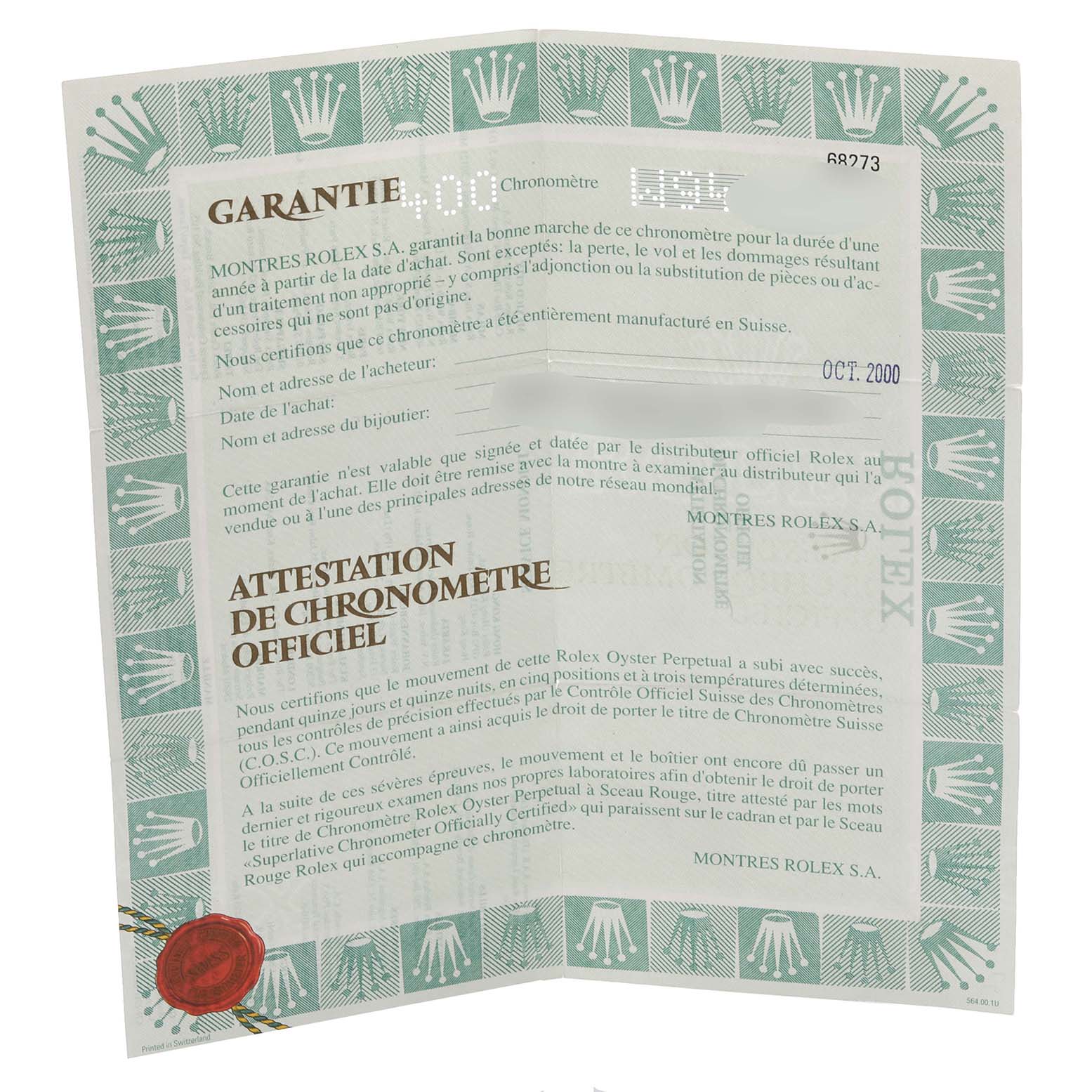 The image shows a guarantee document for a Rolex Mid-Size 68273 Women's Steel and Gold (two tone) White Dial 68273 Women's Steel and Gold (two tone) White Dial model, featuring official certification text and a red seal.