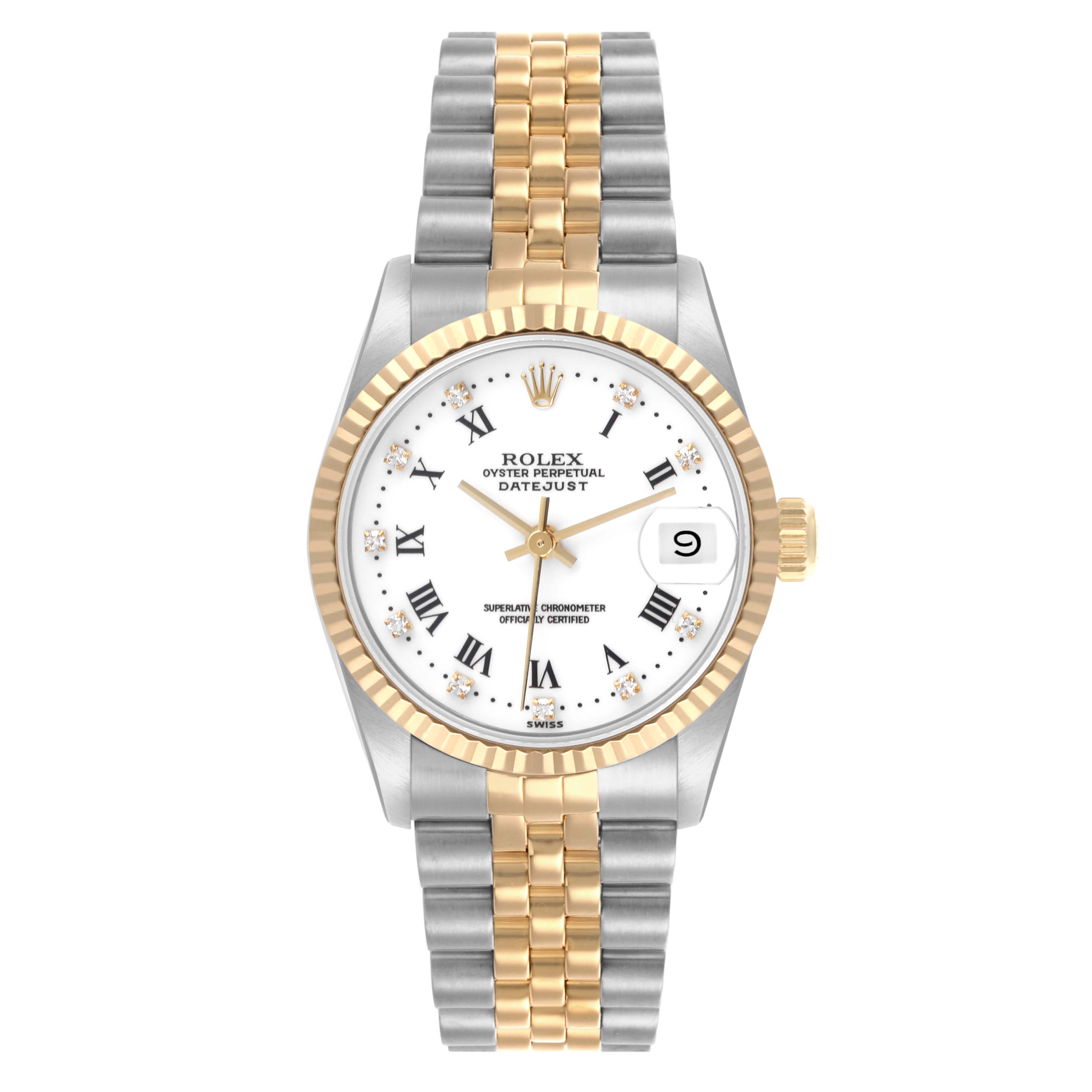The Rolex Mid-Size 68273 Women's Steel and Gold (two tone) White Dial 68273 Women's Steel and Gold (two tone) White Dial Datejust watch is shown from the front, highlighting its dial, bezel, and two-tone bracelet.