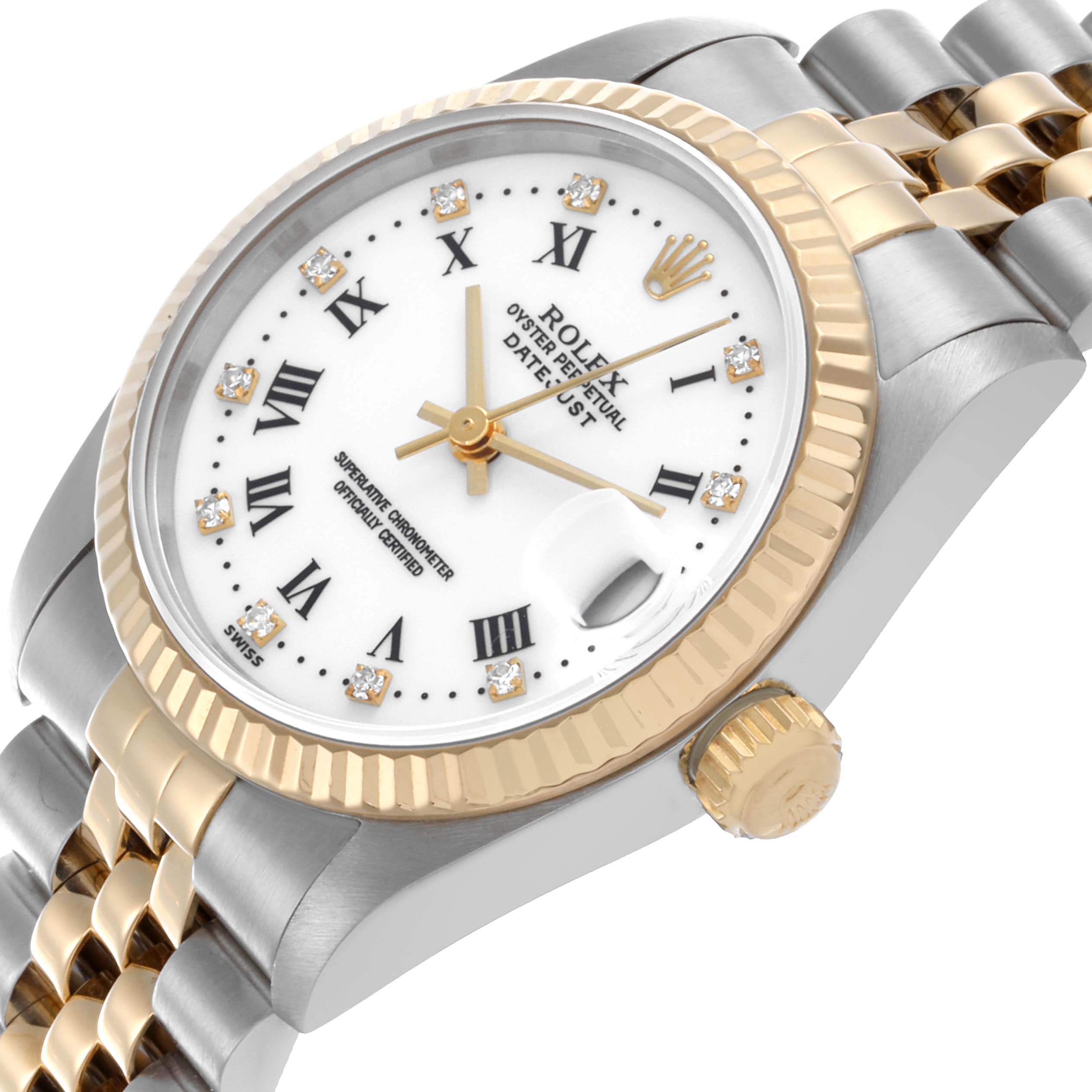 The Rolex Mid-Size 68273 Women's Steel and Gold (two tone) White Dial 68273 Women's Steel and Gold (two tone) White Dial model is shown at a slight angle, displaying the face, bezel, crown, and part of the bracelet.