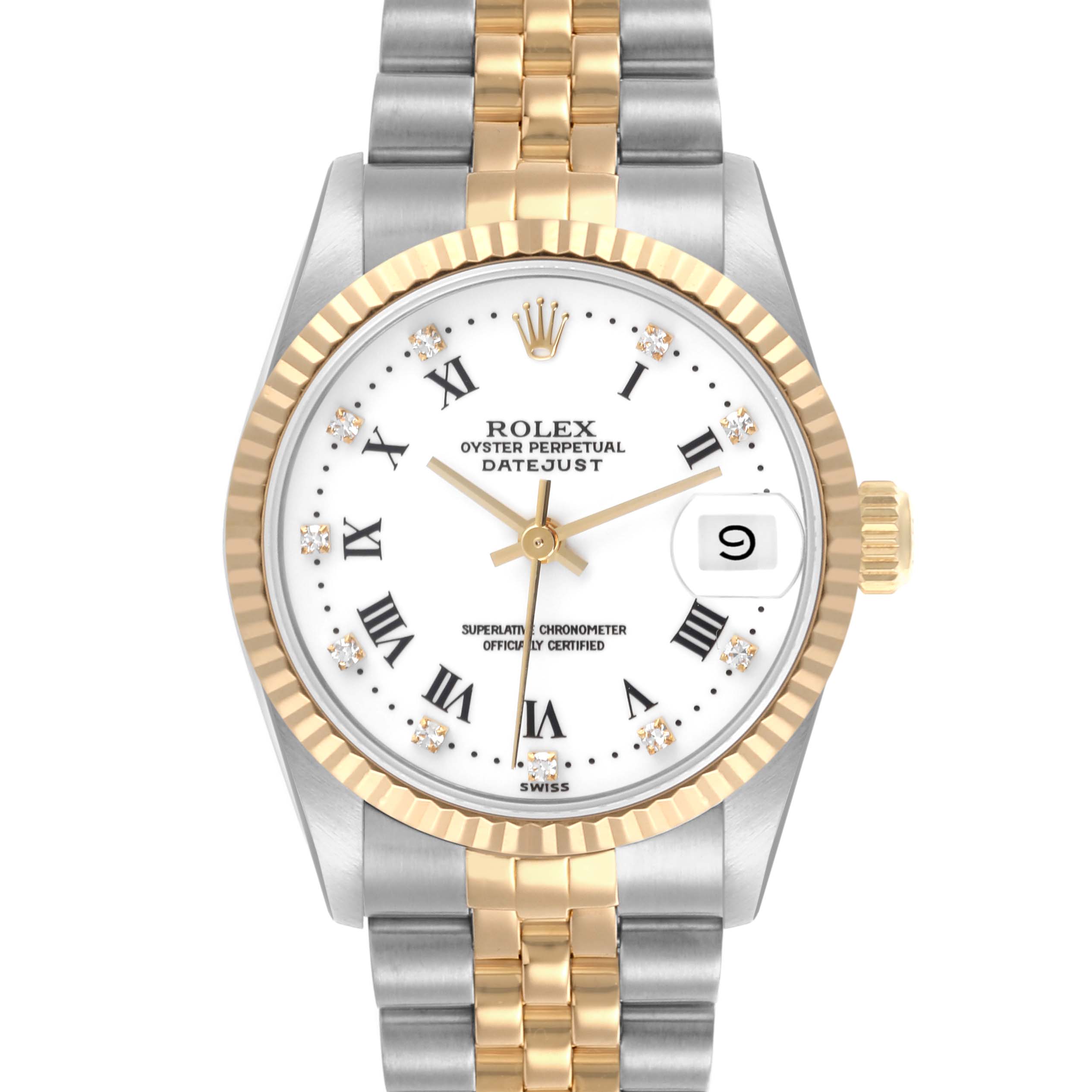 The Rolex Datejust Mid-Size is shown from the front, highlighting its dial, bezel, crown, and two-toned bracelet.