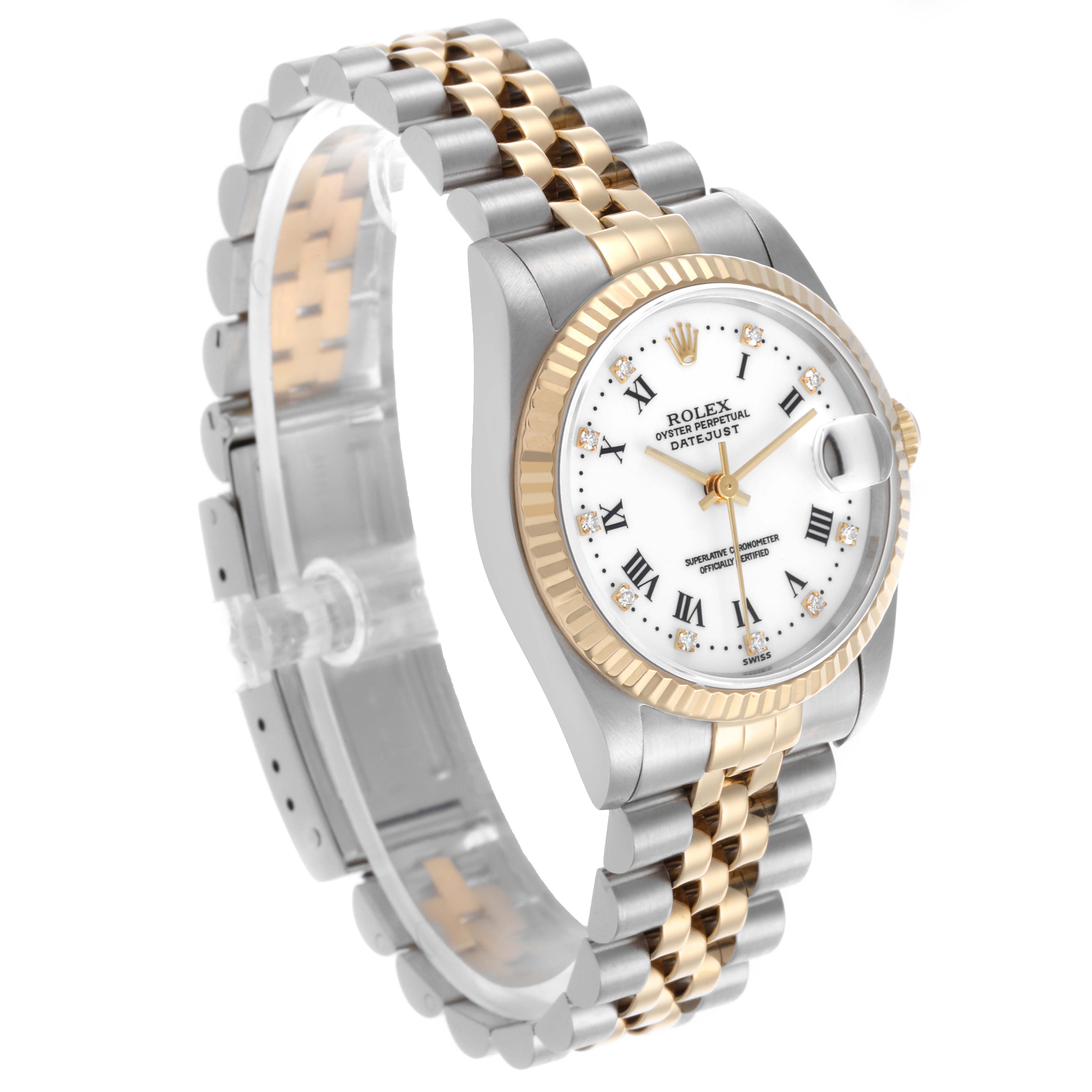 The Rolex Mid-Size 68273 Women's Steel and Gold (two tone) White Dial 68273 Women's Steel and Gold (two tone) White Dial watch is shown at a three-quarter angle, displaying the face, fluted bezel, and two-tone bracelet.