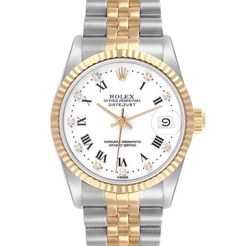 The Rolex Mid-Size Datejust is shown from a front angle, highlighting the dial, bezel, and bracelet.