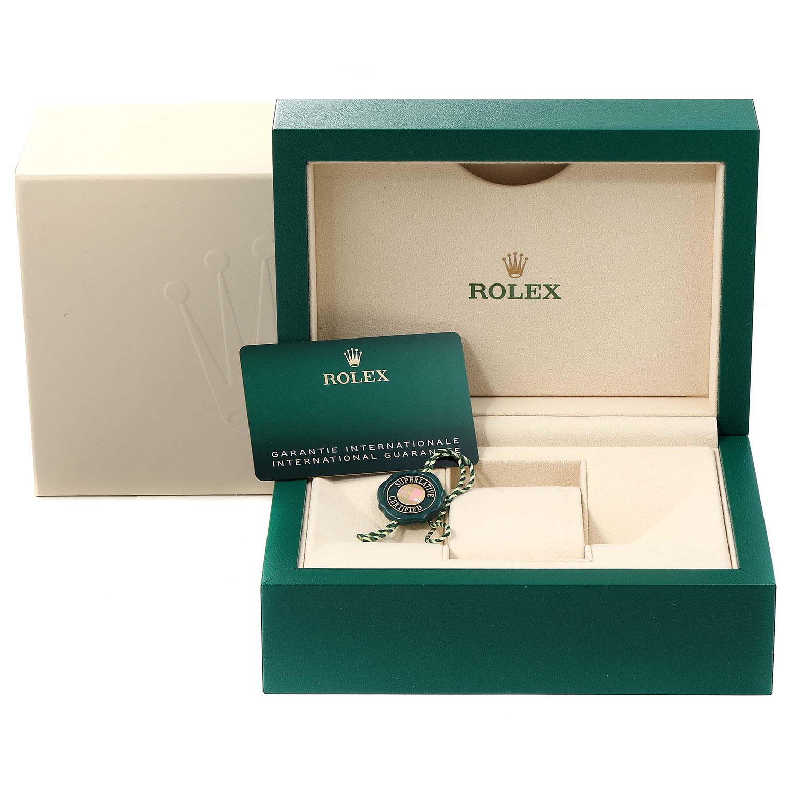 This image shows the packaging box and international guarantee card for a Rolex Mid-Size 278274 Women's Stainless Steel Green Dial 278274 Women's Stainless Steel Green Dial watch, without the watch visible.