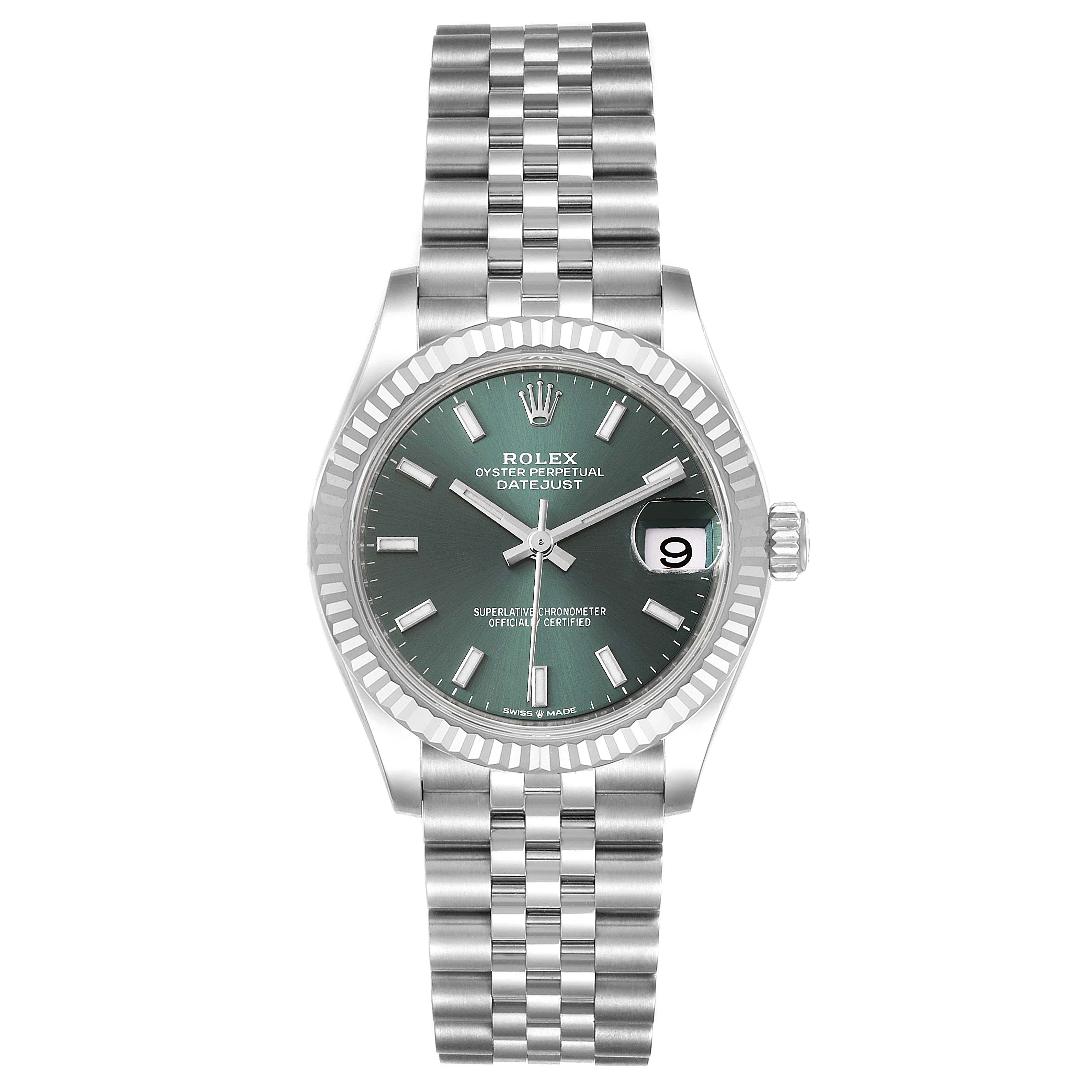 The image shows a front view of a Rolex Mid-Size 278274 Women's Stainless Steel Green Dial 278274 Women's Stainless Steel Green Dial Oyster Perpetual Datejust watch, showcasing its dial, bezel, and bracelet.