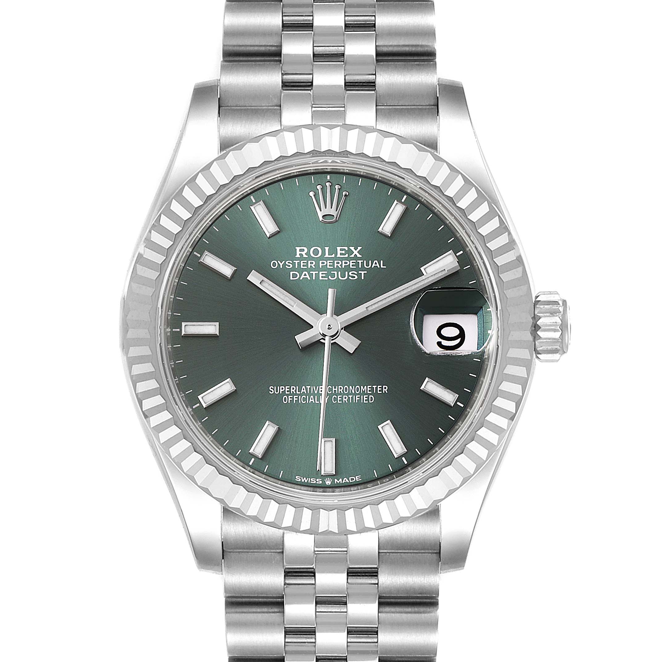 This image shows a frontal view of a Rolex Mid-Size 278274 Women's Stainless Steel Green Dial 278274 Women's Stainless Steel Green Dial Datejust watch, displaying the face, bezel, and part of the bracelet.