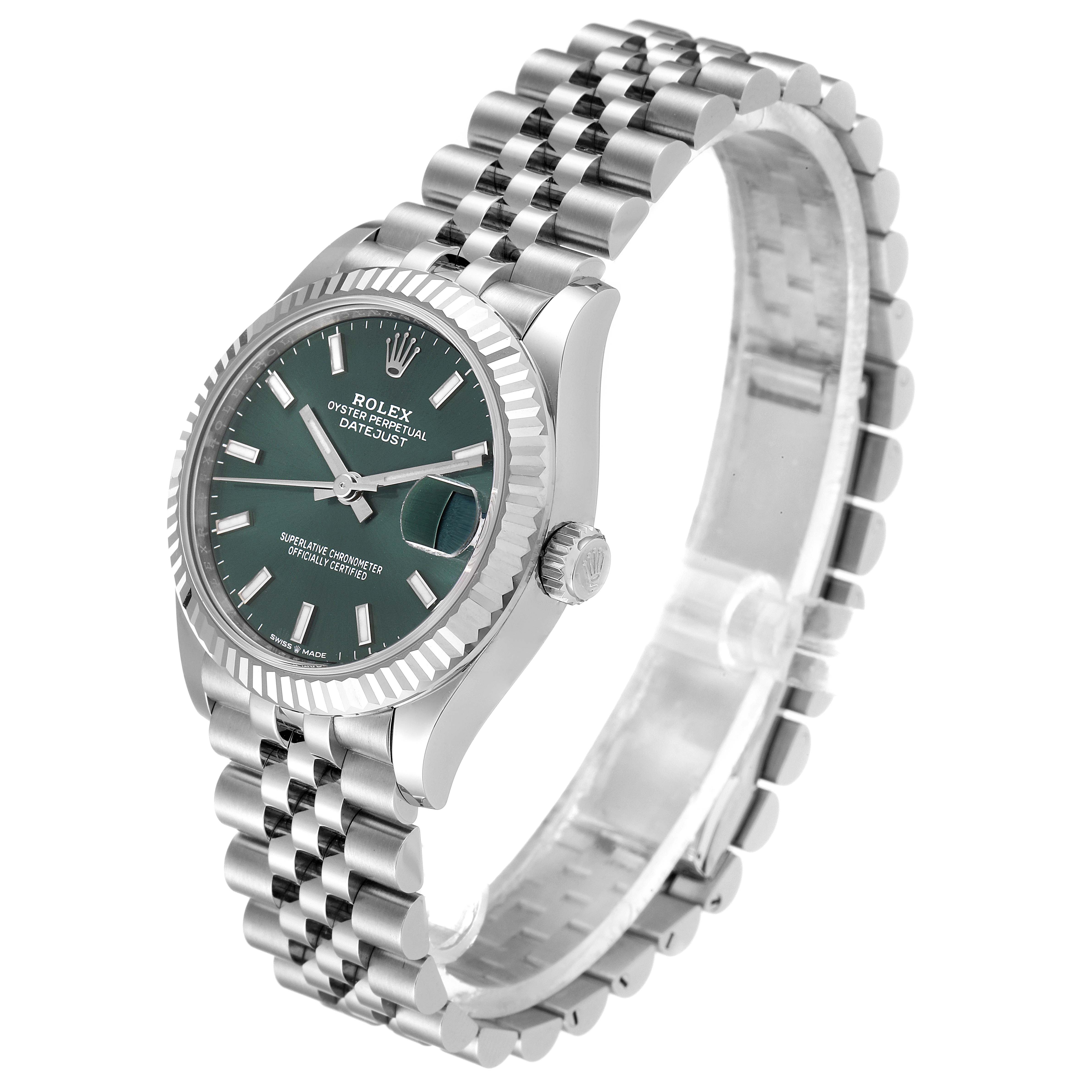 This image shows a Mid-Size Rolex Datejust watch, highlighting its green dial, bezel, and stainless steel bracelet at a slight angle.