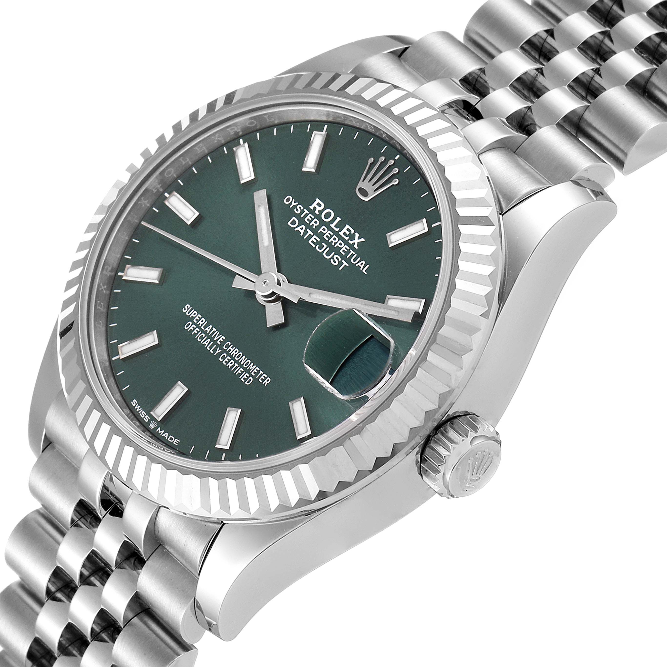 The image shows a Rolex Mid-Size 278274 Women's Stainless Steel Green Dial 278274 Women's Stainless Steel Green Dial Datejust watch at an angle highlighting the green dial, bezel, and part of the Jubilee bracelet.