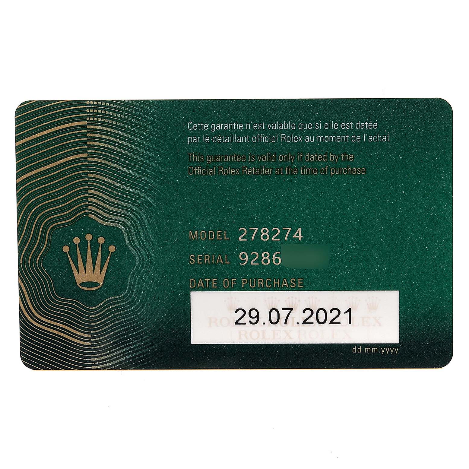 This is a green Rolex guarantee card for the Mid-Size model 278274, showing model, serial number, and date of purchase.