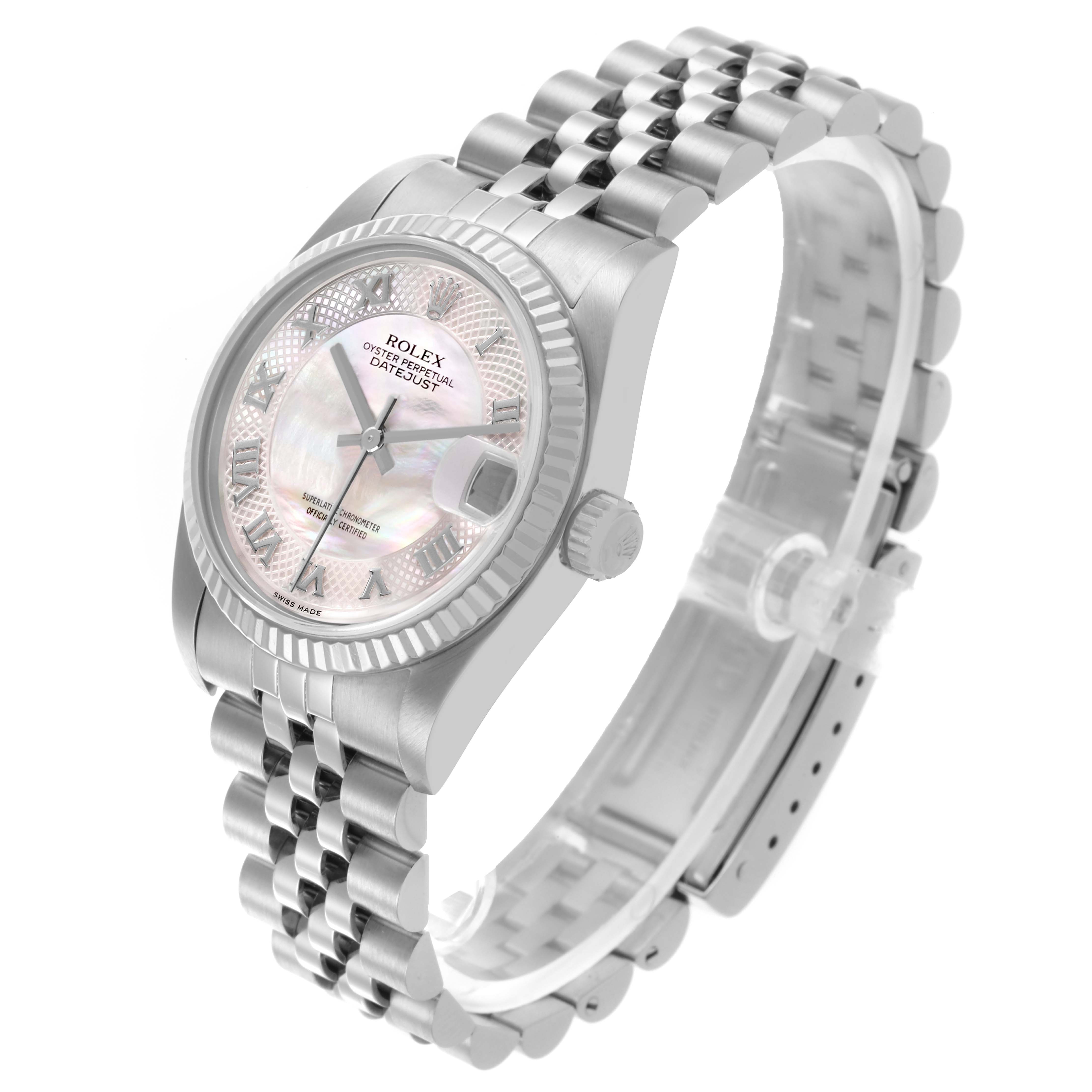 The Rolex Mid-Size 78274 Women's Stainless Steel Mother of Pearl Dial 78274 Women's Stainless Steel Mother of Pearl Dial watch is shown at a three-quarter angle, displaying its face, bezel, crown, and bracelet.