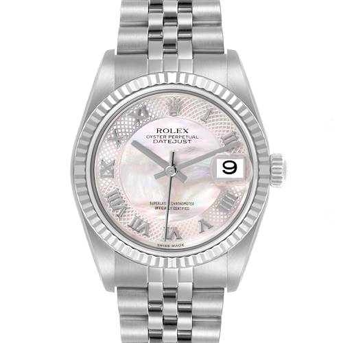 The Rolex Datejust Mid-Size watch is shown from the front, displaying its face, bezel, crown, and part of the bracelet.