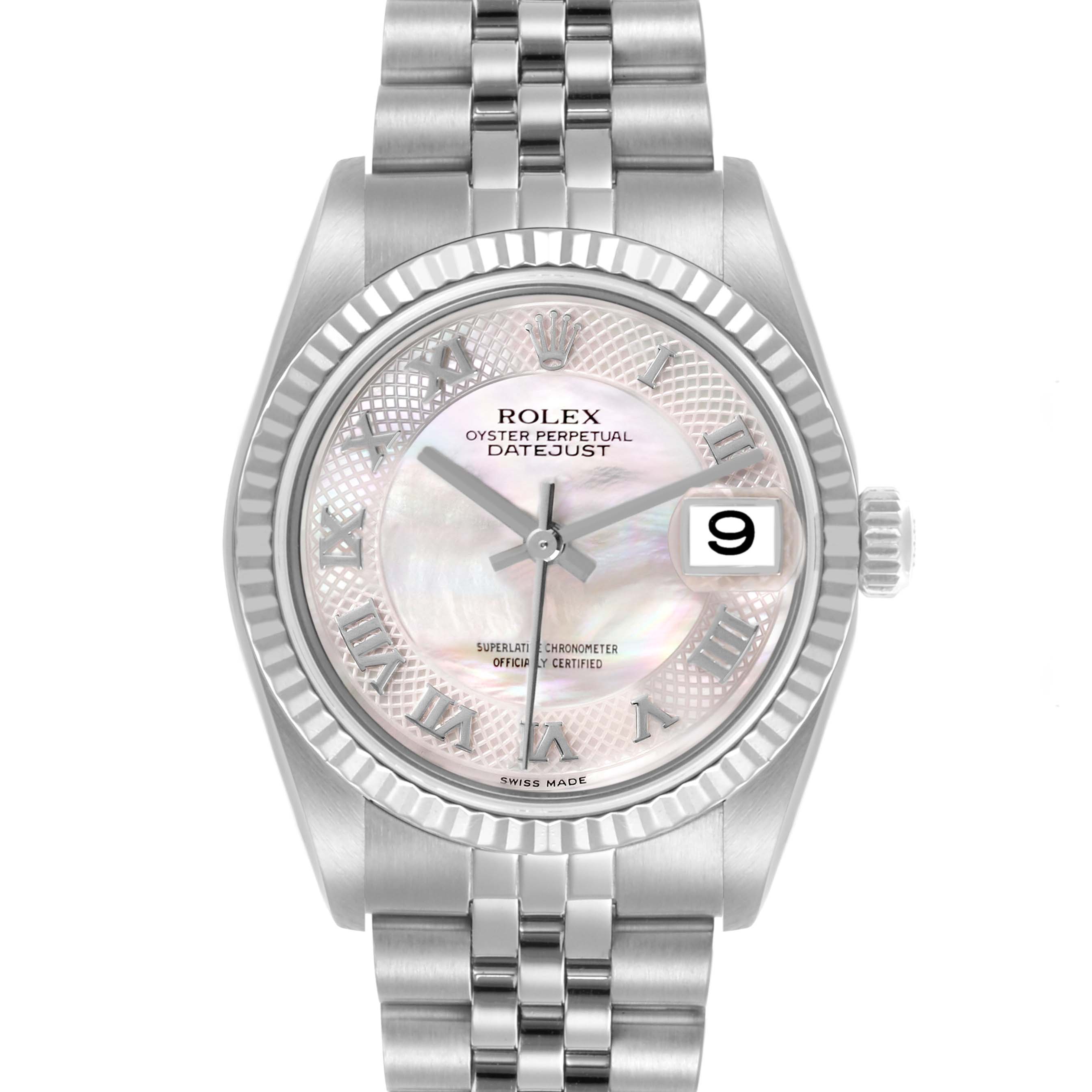 The Rolex Datejust Mid-Size watch is shown from a front angle, displaying the face, bezel, and part of the bracelet.