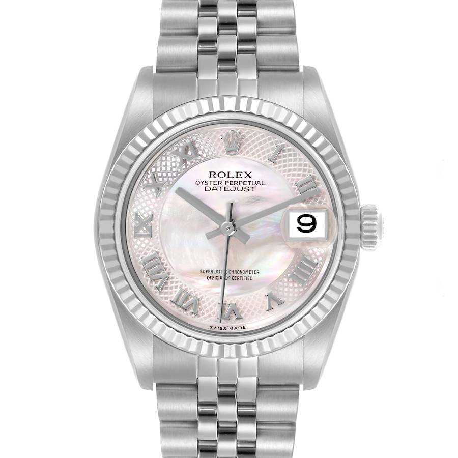 The Rolex Datejust Mid-Size watch is shown from a front angle, displaying the face, bezel, and part of the bracelet.