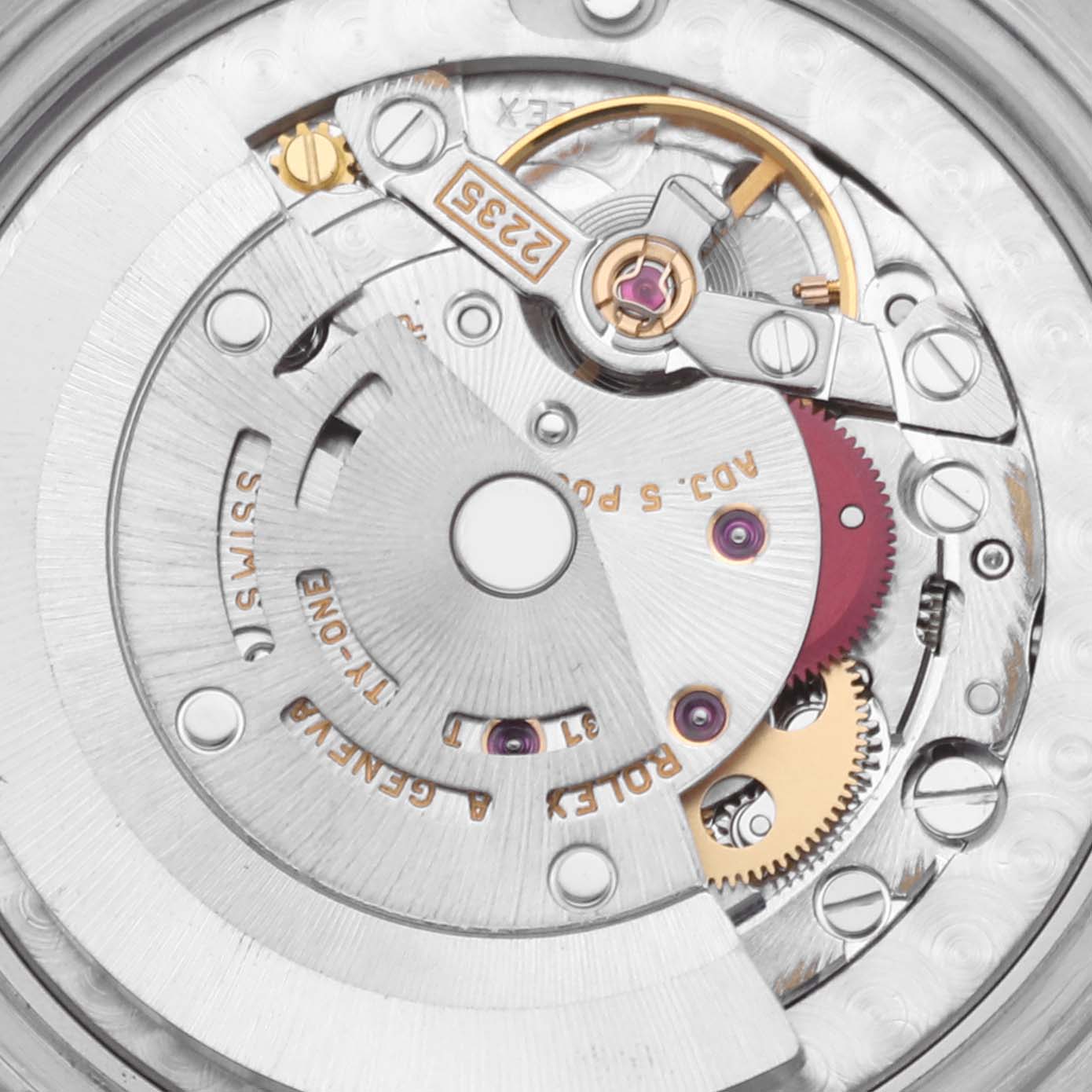 The image shows a close-up of the internal mechanism of a Rolex Mid-Size 78274 Women's Stainless Steel Mother of Pearl Dial 78274 Women's Stainless Steel Mother of Pearl Dial model watch, highlighting the movement components.