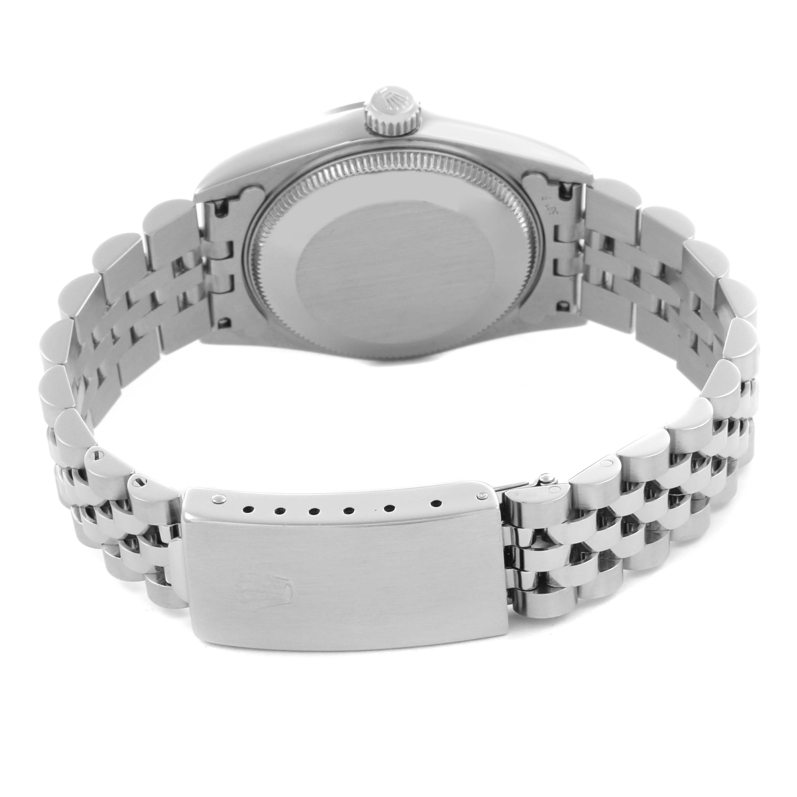 The image shows the backside of a Rolex Mid-Size 78274 Women's Stainless Steel Mother of Pearl Dial 78274 Women's Stainless Steel Mother of Pearl Dial watch with the case back, crown, and bracelet clasp visible.