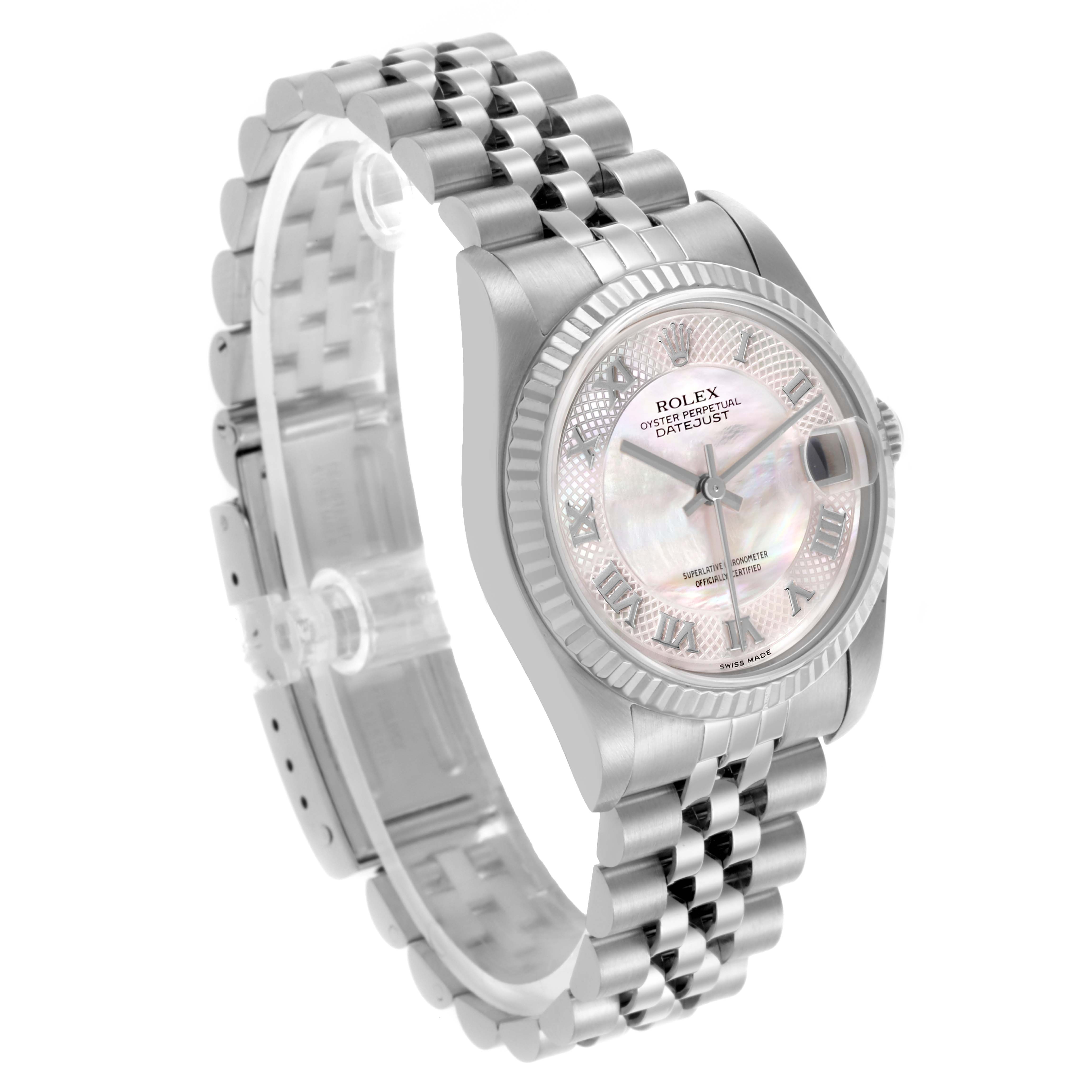 The Rolex Mid-Size 78274 Women's Stainless Steel Mother of Pearl Dial 78274 Women's Stainless Steel Mother of Pearl Dial watch is shown at a three-quarter angle, highlighting the face, bezel, crown, and bracelet.