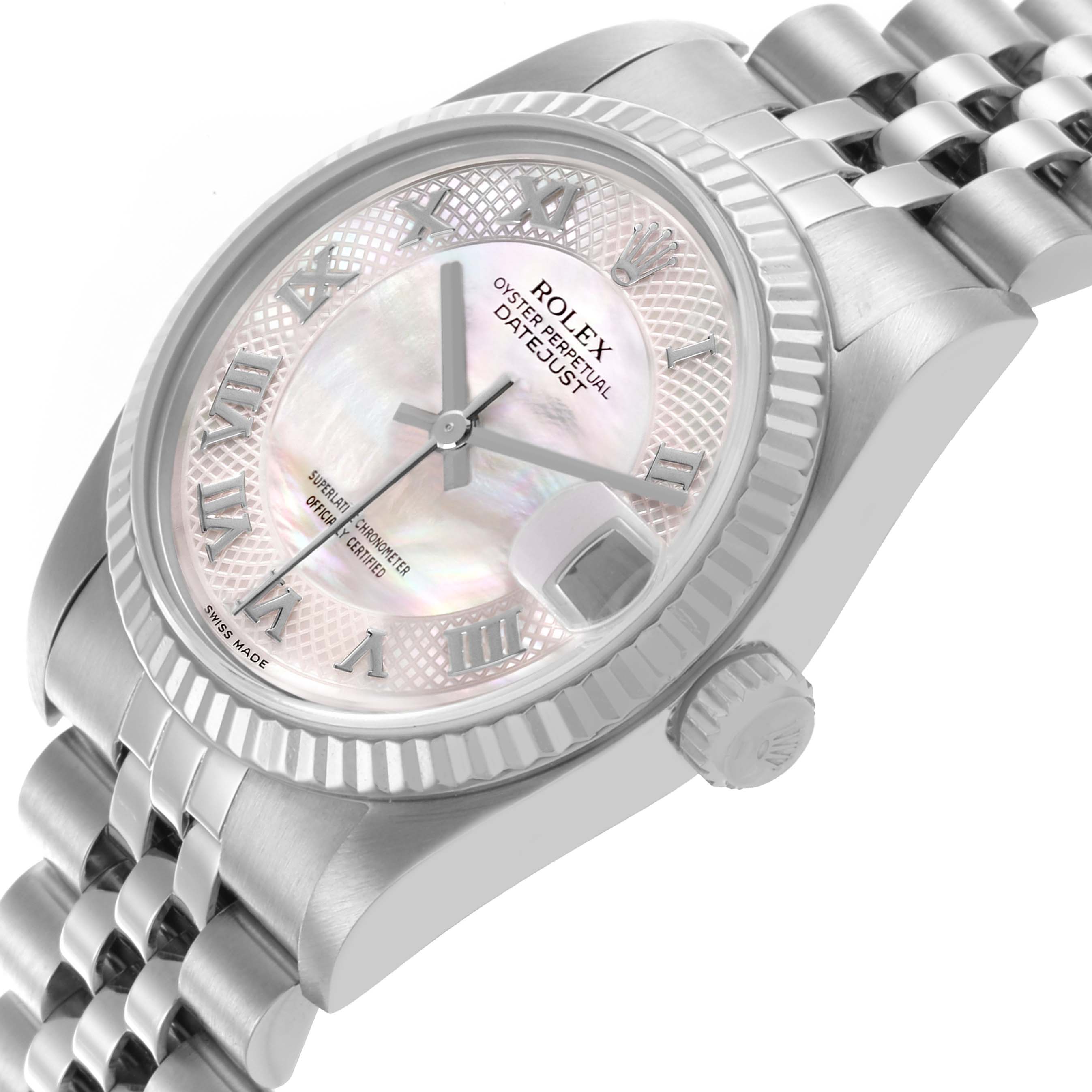 The Rolex Mid-Size 78274 Women's Stainless Steel Mother of Pearl Dial 78274 Women's Stainless Steel Mother of Pearl Dial watch is shown at a three-quarter angle, highlighting the dial, bezel, crown, and part of the bracelet.