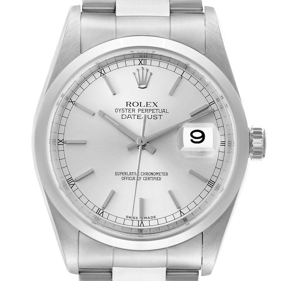 Rolex Datejust Silver Dial Smooth Bezel Steel Mens Watch 16200 Box Papers SwissWatchExpo