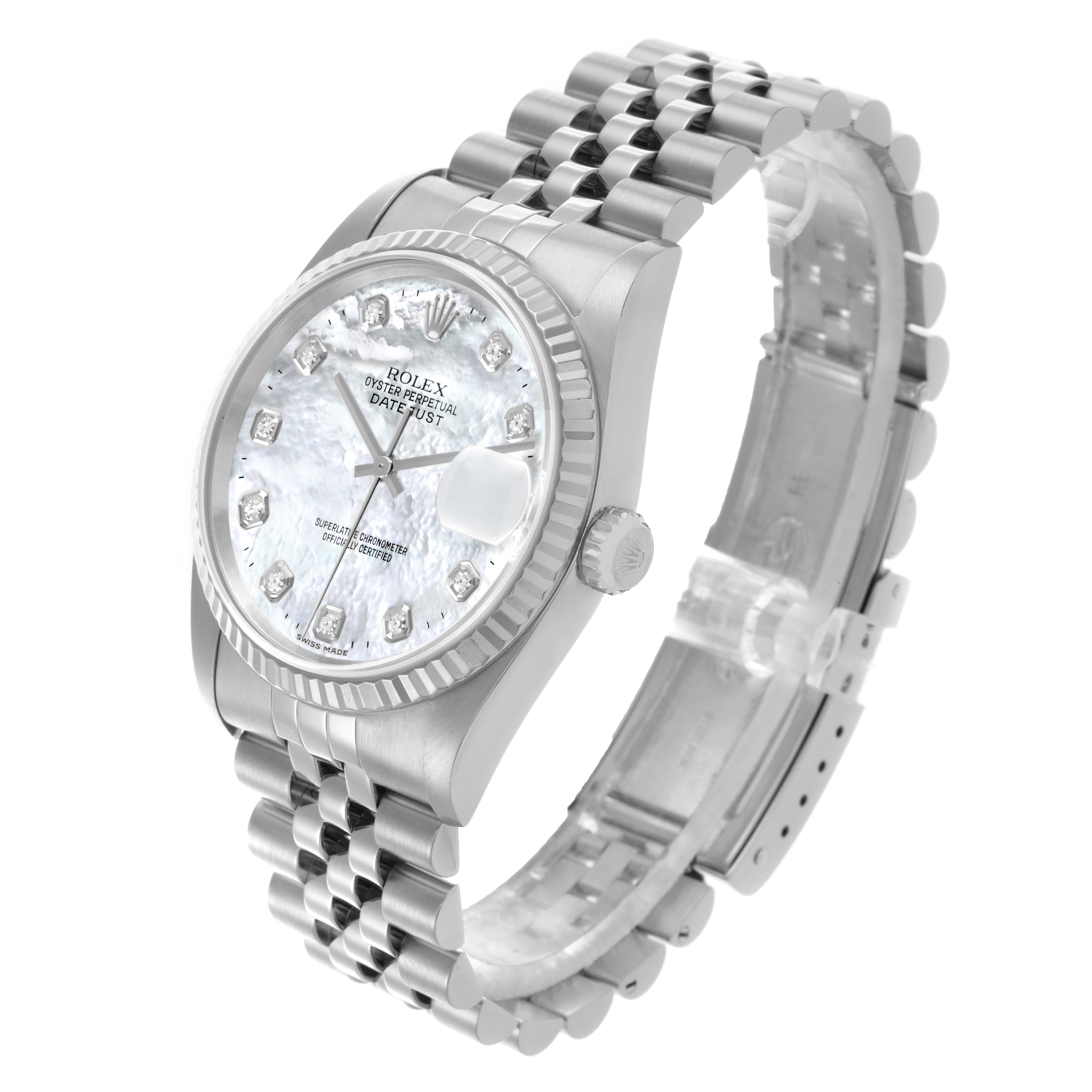 The Rolex Datejust 16234G Men
s Stainless Steel Mother of Pearl Dial 16234G Men
s Stainless Steel Mother of Pearl Dial watch is shown at a three-quarter angle, revealing the dial, bezel, crown, and bracelet.