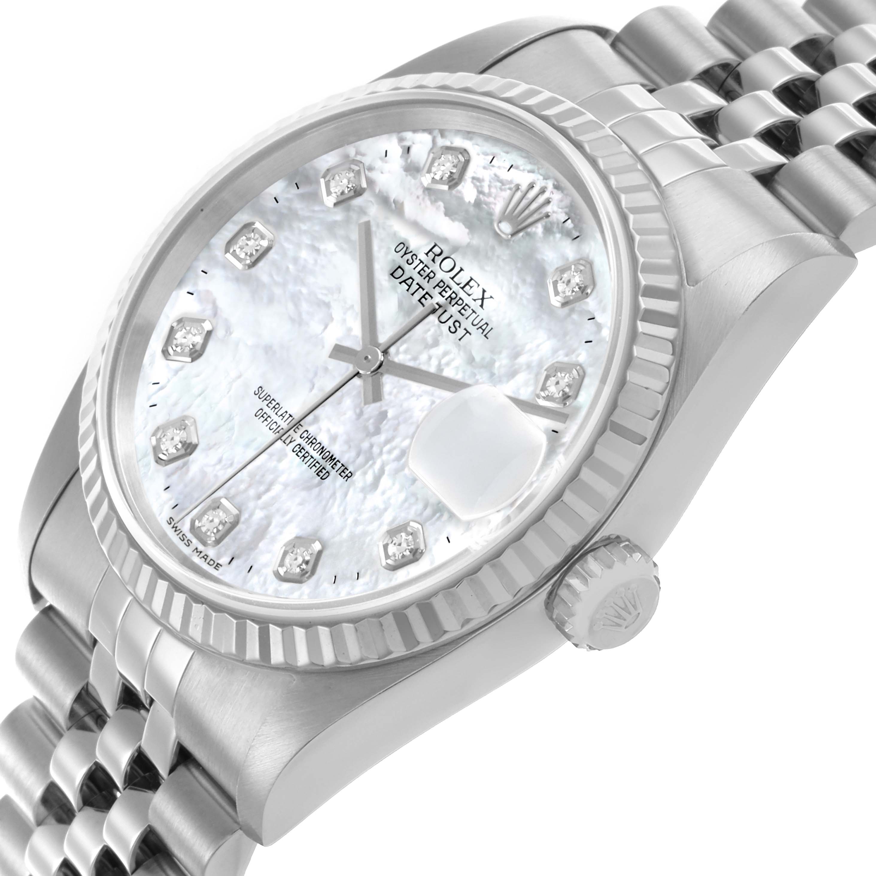 The Rolex Datejust 16234G Men
s Stainless Steel Mother of Pearl Dial 16234G Men
s Stainless Steel Mother of Pearl Dial is shown at a slightly tilted angle, displaying the face, fluted bezel, and part of the bracelet and crown.