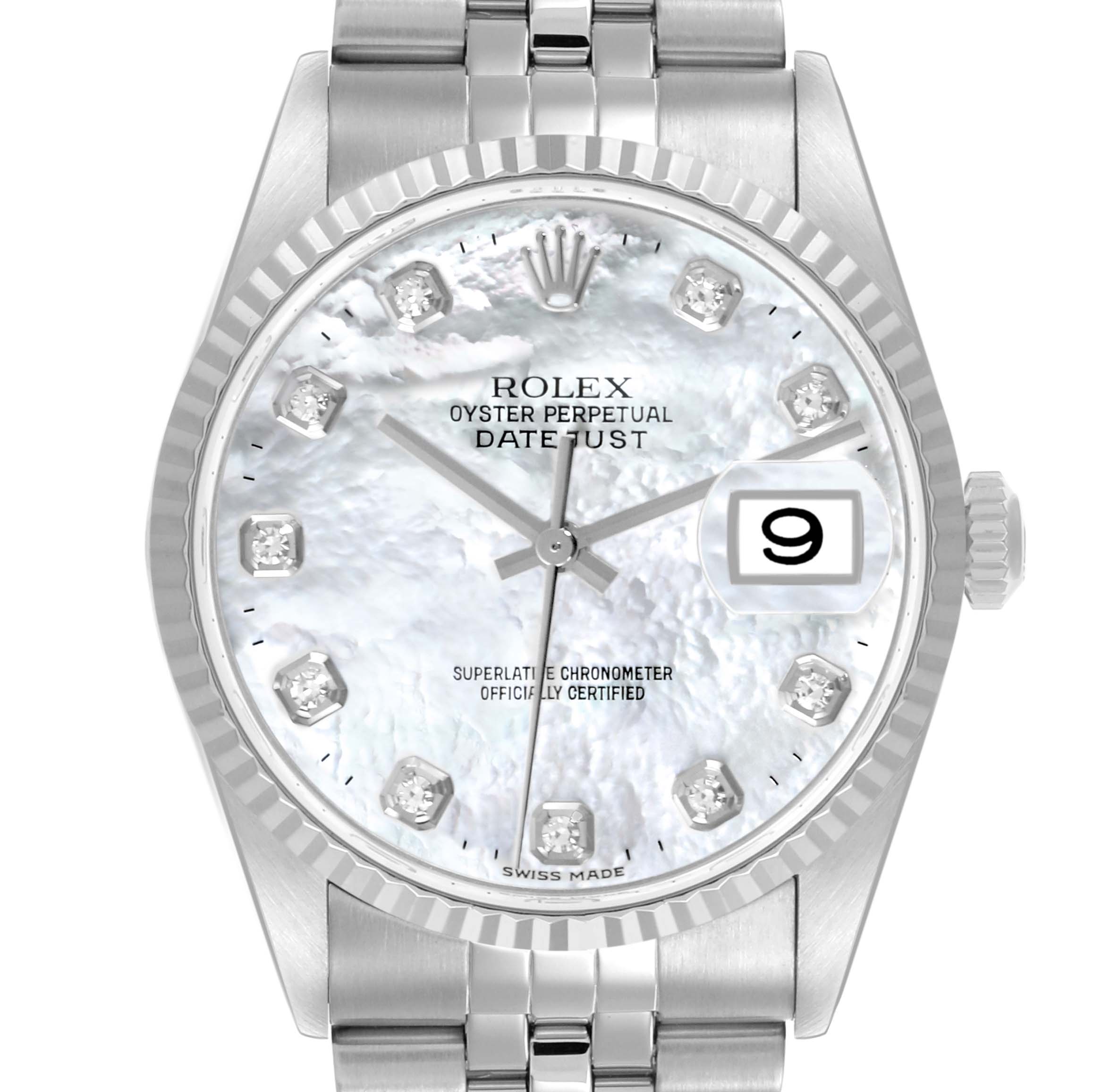 The Rolex Datejust 16234G Men
s Stainless Steel Mother of Pearl Dial 16234G Men
s Stainless Steel Mother of Pearl Dial watch is shown from the front, highlighting the dial, bezel, crown, and part of the bracelet.